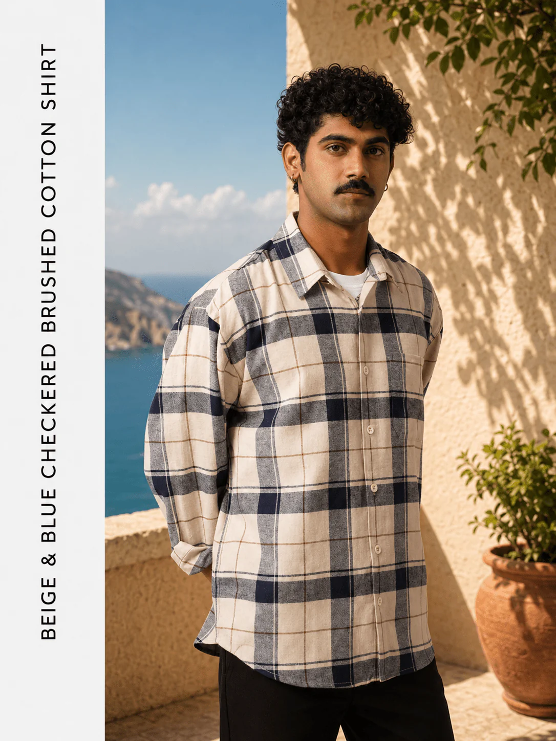 Beige & Blue Checkered Brushed Cotton Shirt – Loose Fit, Full Sleeves - Image 3