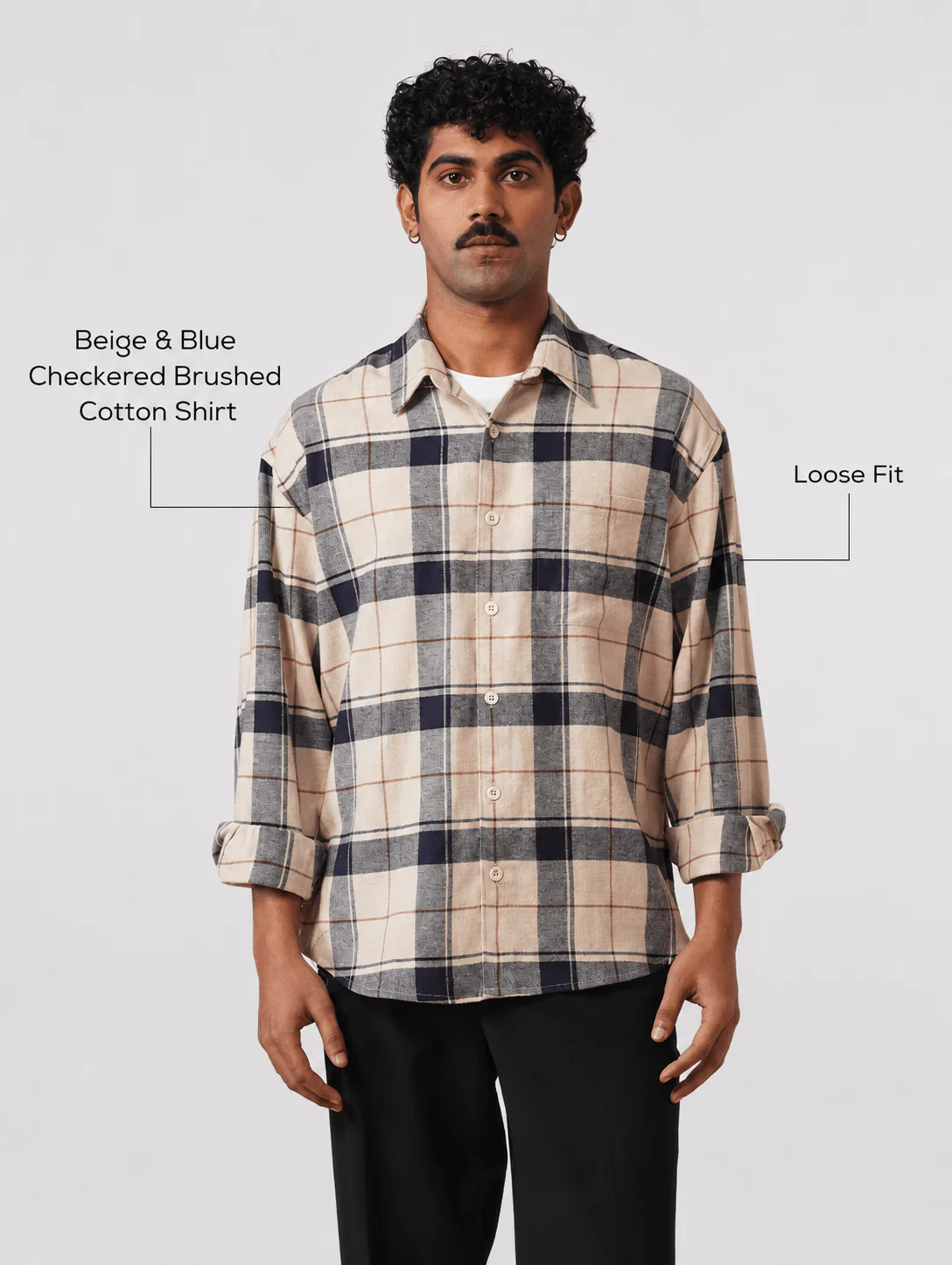 Beige & Blue Checkered Brushed Cotton Shirt – Loose Fit, Full Sleeves - Image 4