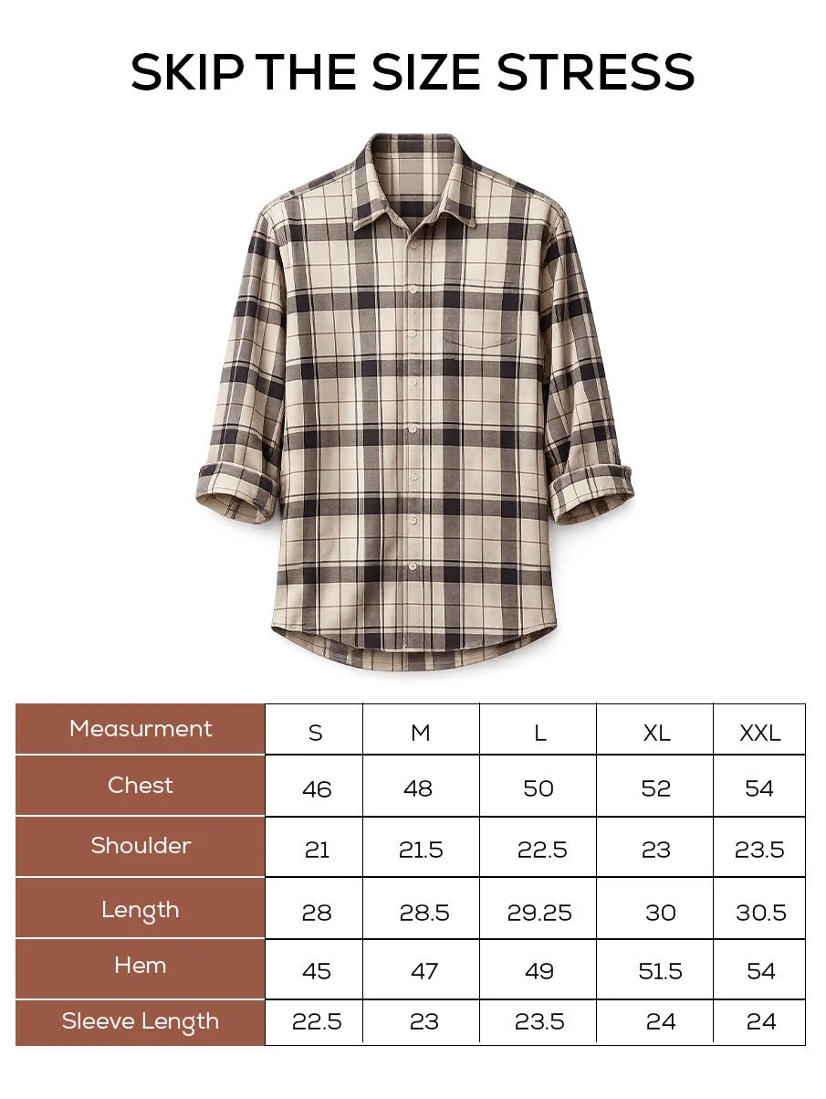 Beige & Blue Checkered Brushed Cotton Shirt – Loose Fit, Full Sleeves - Image 5