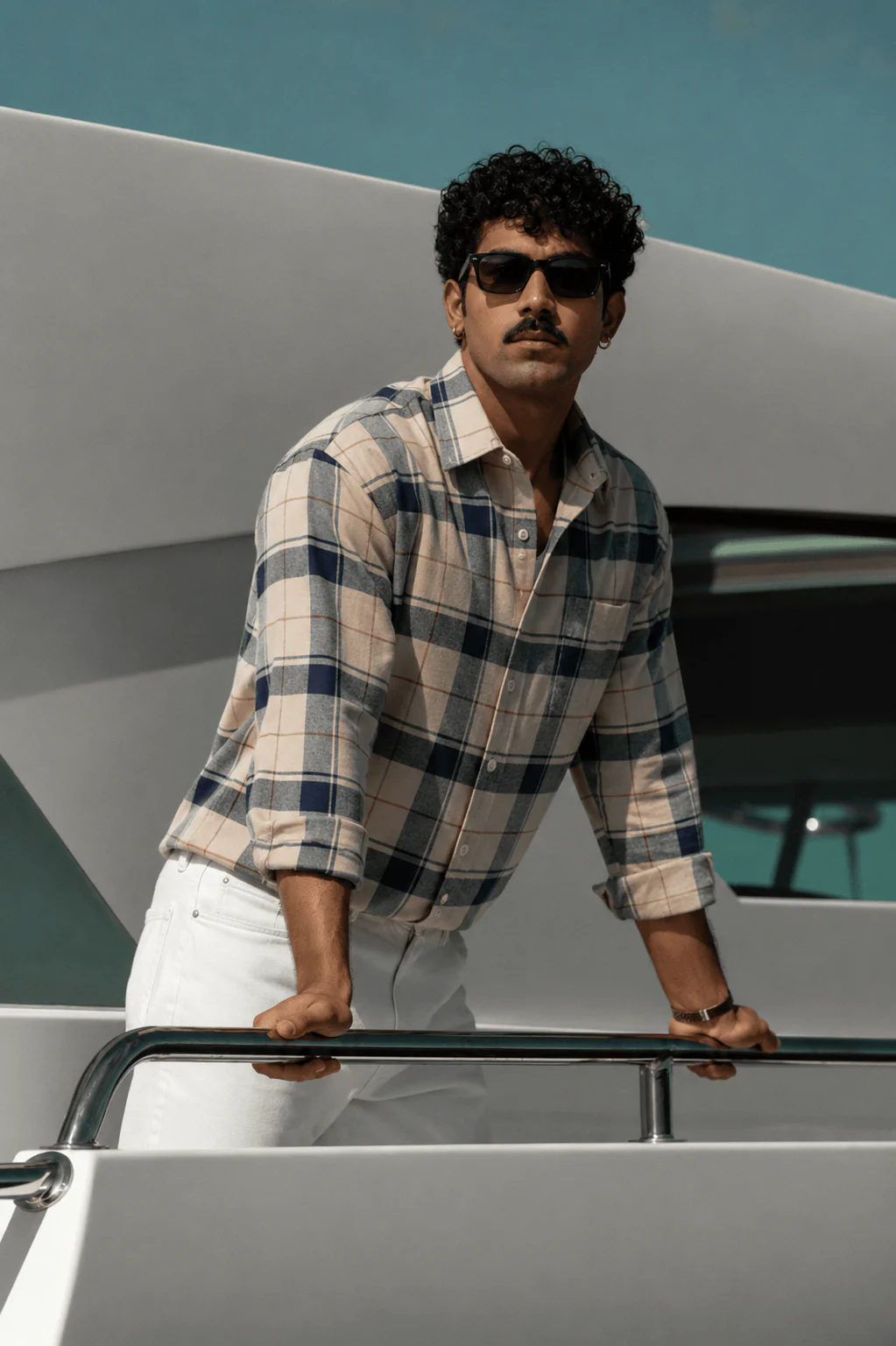 Beige & Blue Checkered Brushed Cotton Shirt – Loose Fit, Full Sleeves - Image 6