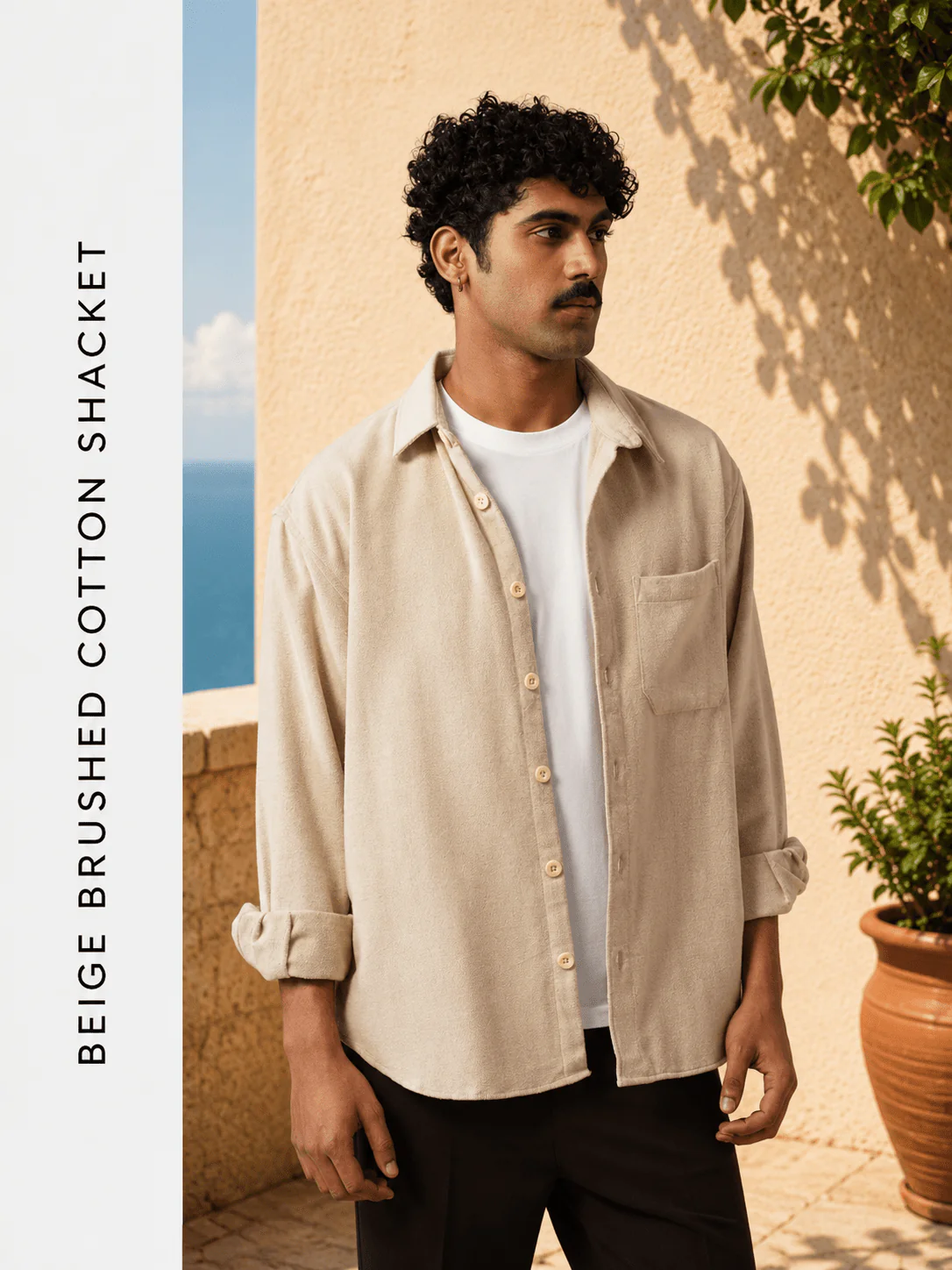 Beige Brushed Cotton Shacket – Loose Fit, Full Sleeves - Image 3