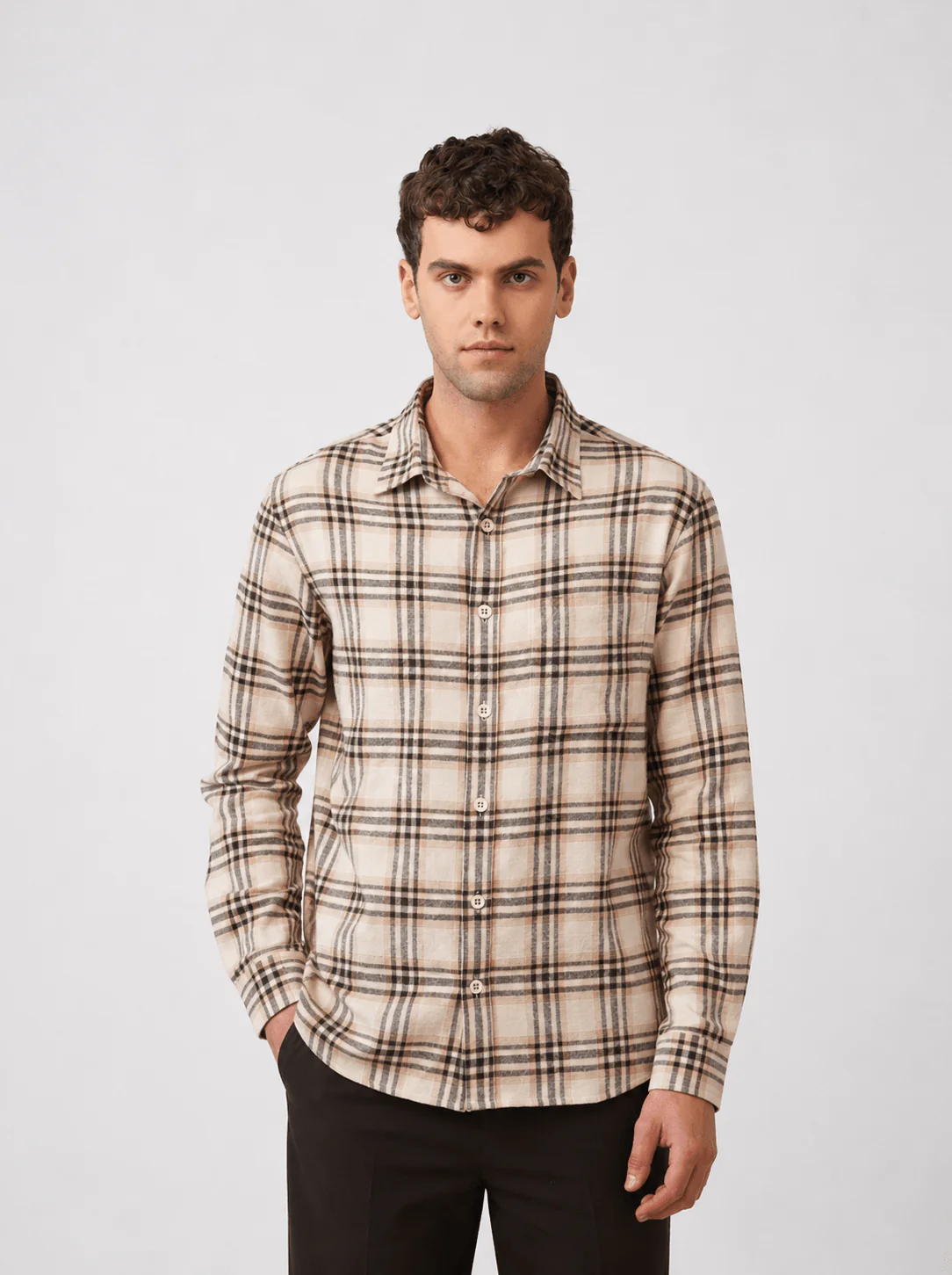 Beige Checked Cotton Shirt β Loose Fit, Full Sleeves