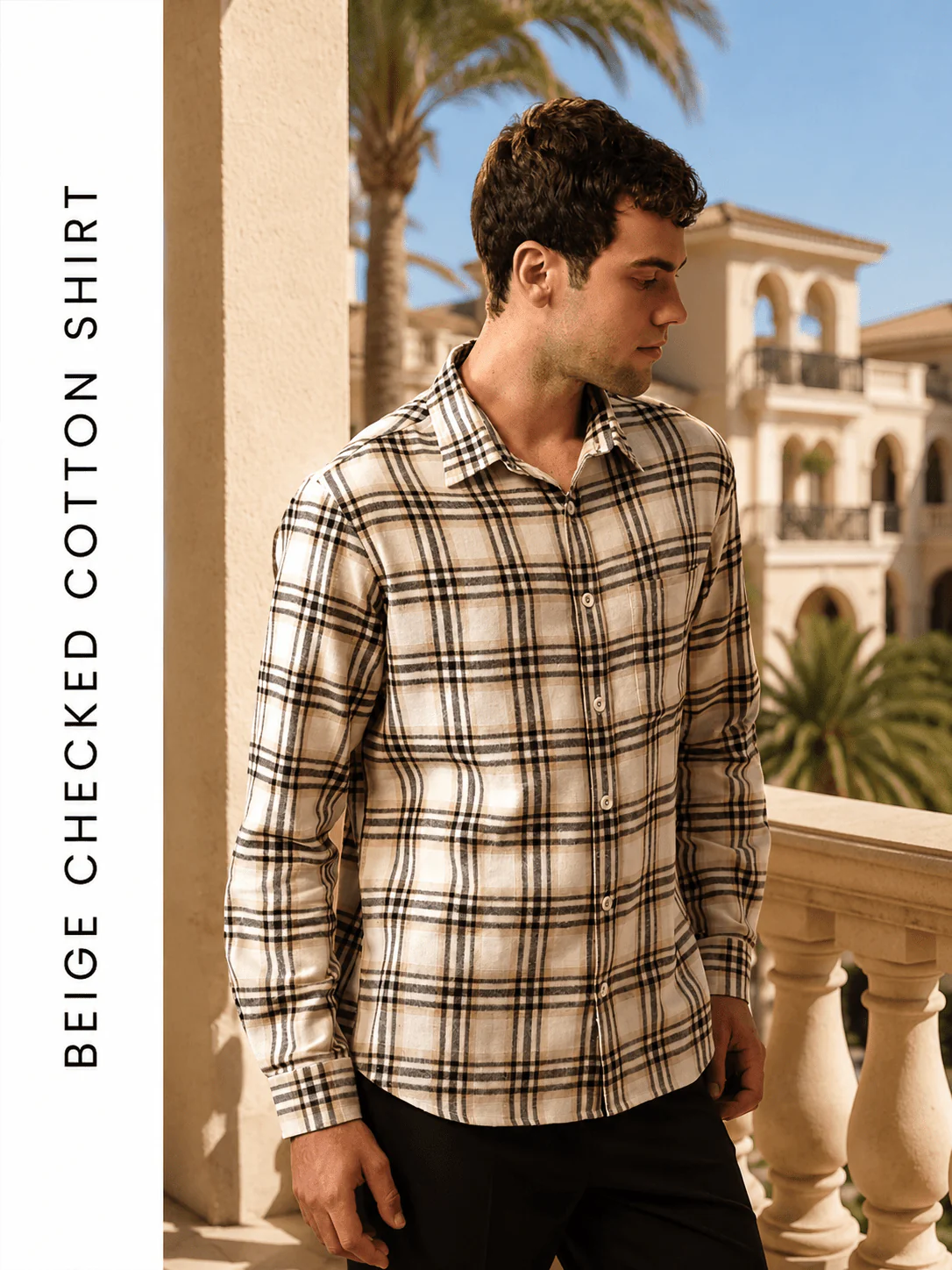 Beige Checked Cotton Shirt β Loose Fit, Full Sleeves - Image 3