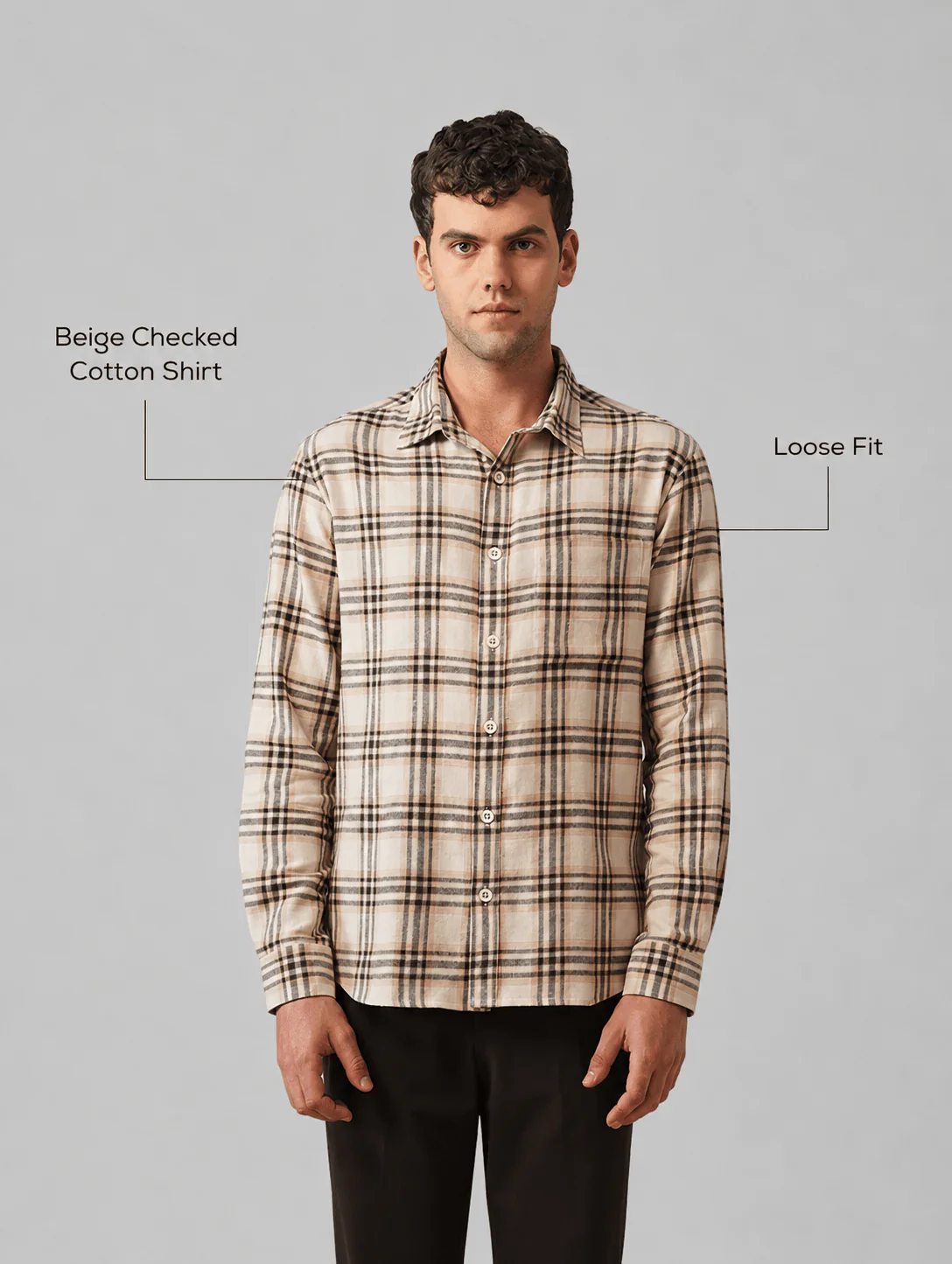 Beige Checked Cotton Shirt β Loose Fit, Full Sleeves - Image 4