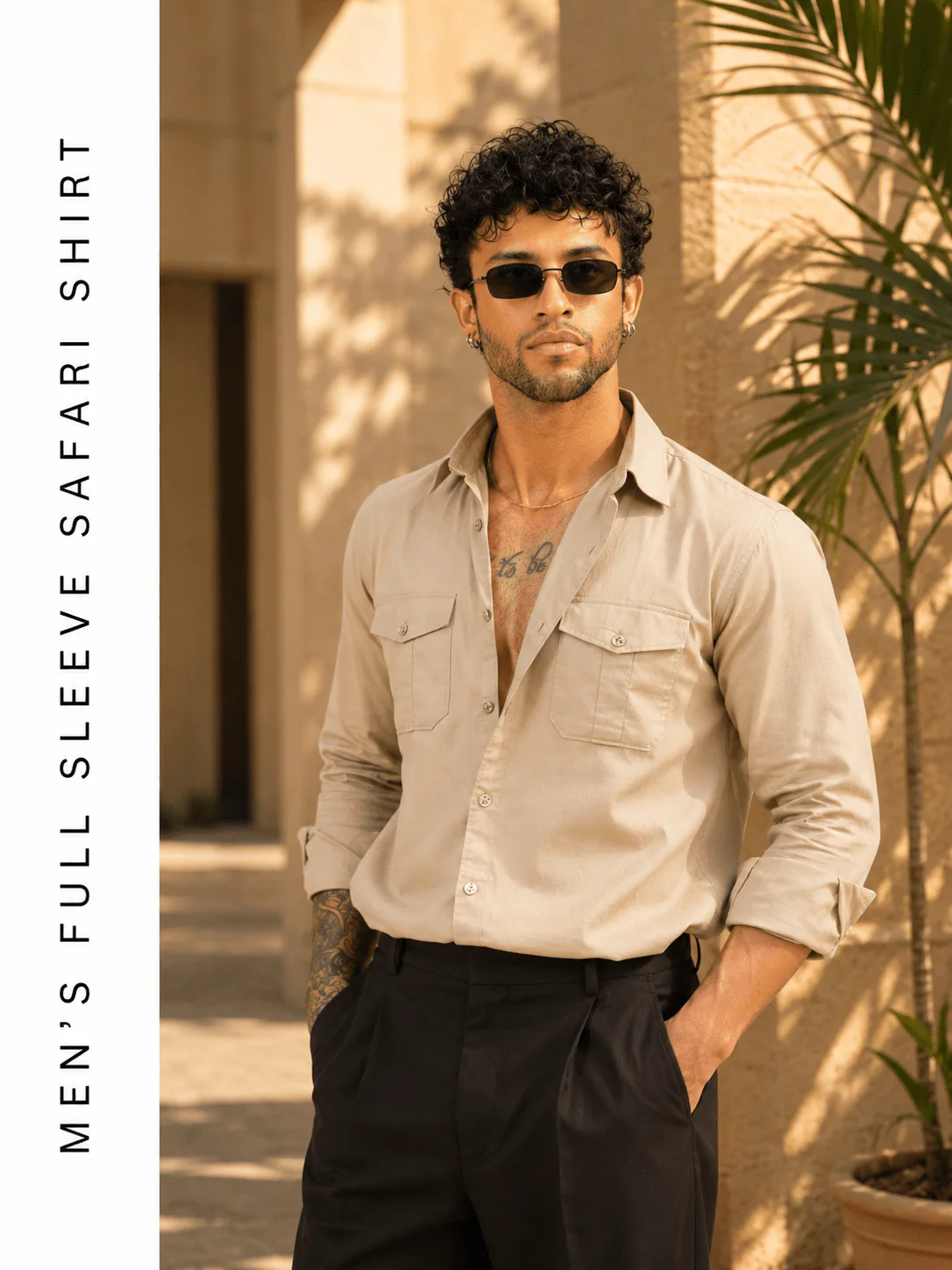 Men’s Full Sleeve Safari Shirt – Beige - Image 2