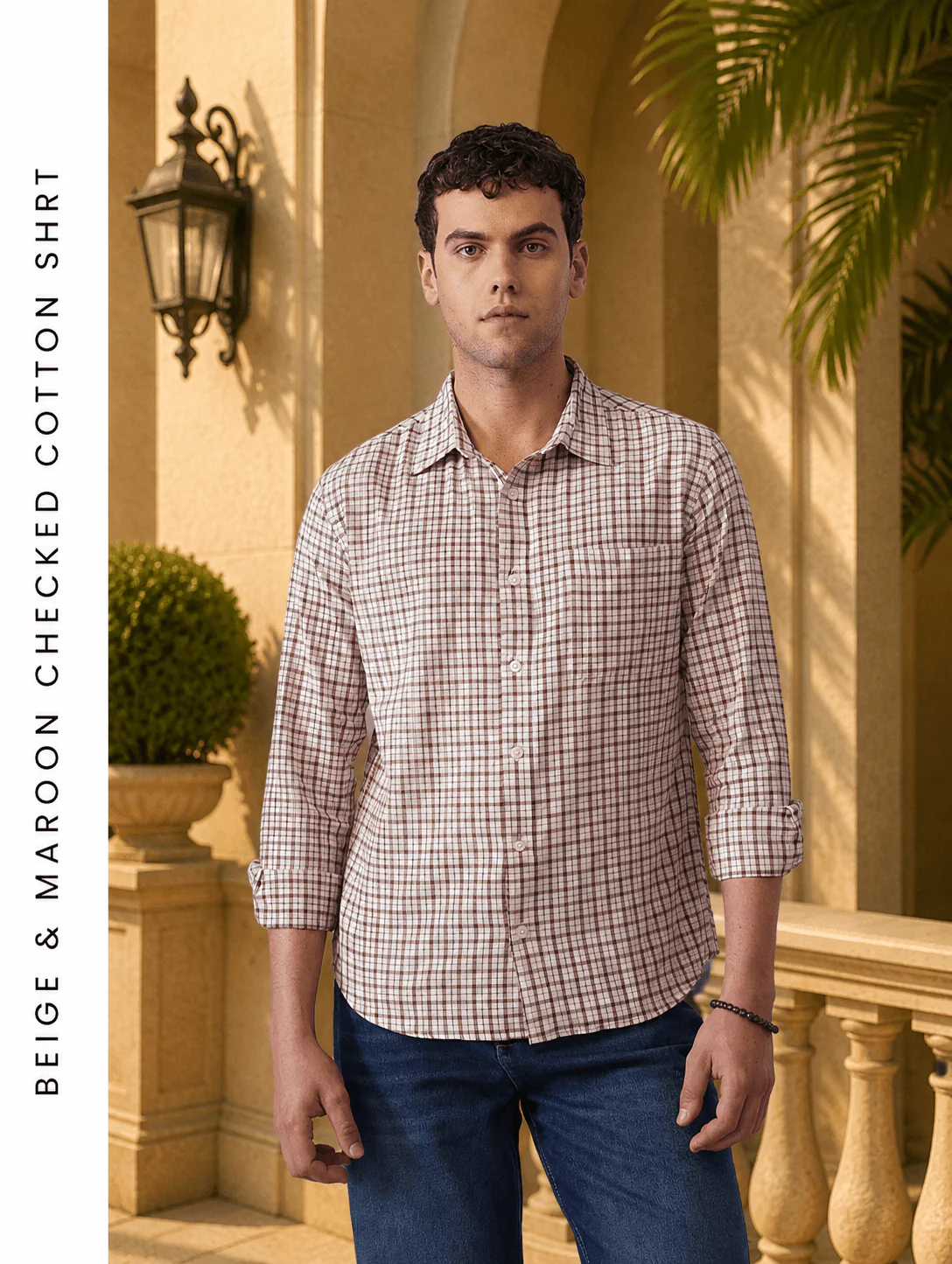 Beige & Maroon Checkered Cotton Shirt β Regular Fit, Full Sleeves - Image 3