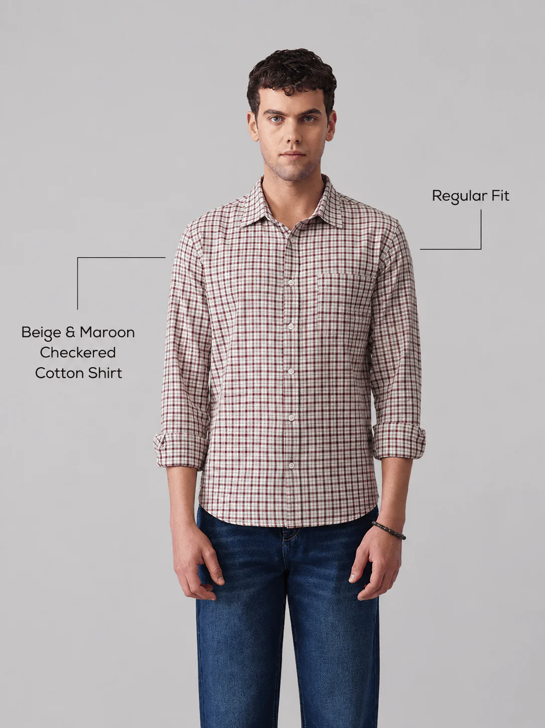 Beige & Maroon Checkered Cotton Shirt β Regular Fit, Full Sleeves - Image 4