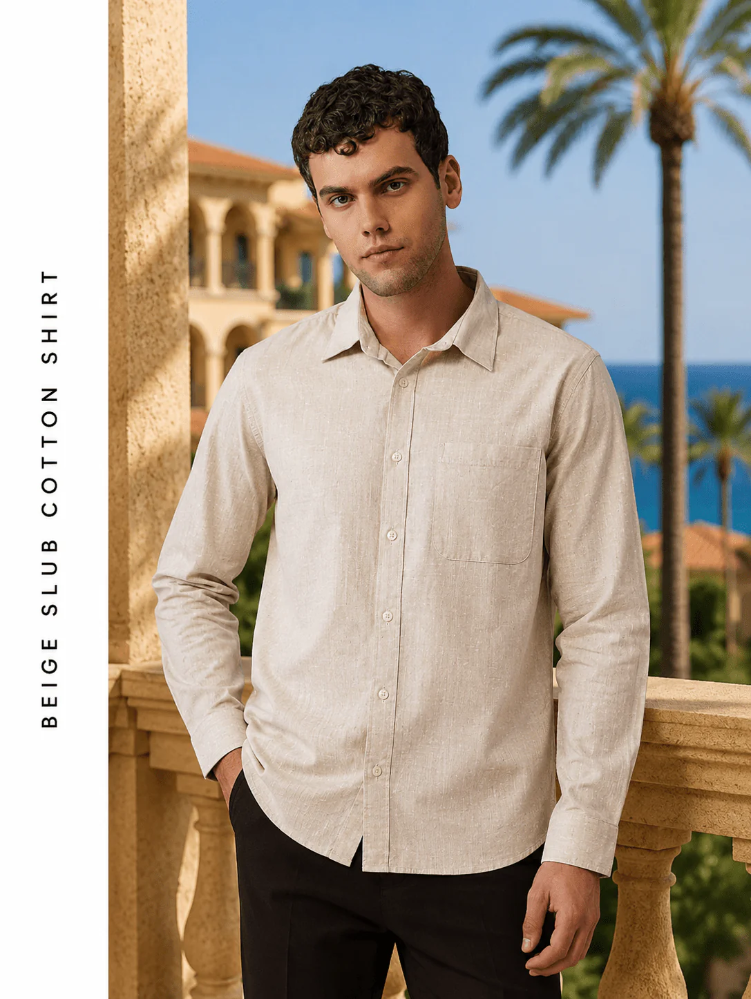 Beige Slub Cotton Shirt β Regular Fit, Full Sleeves - Image 3