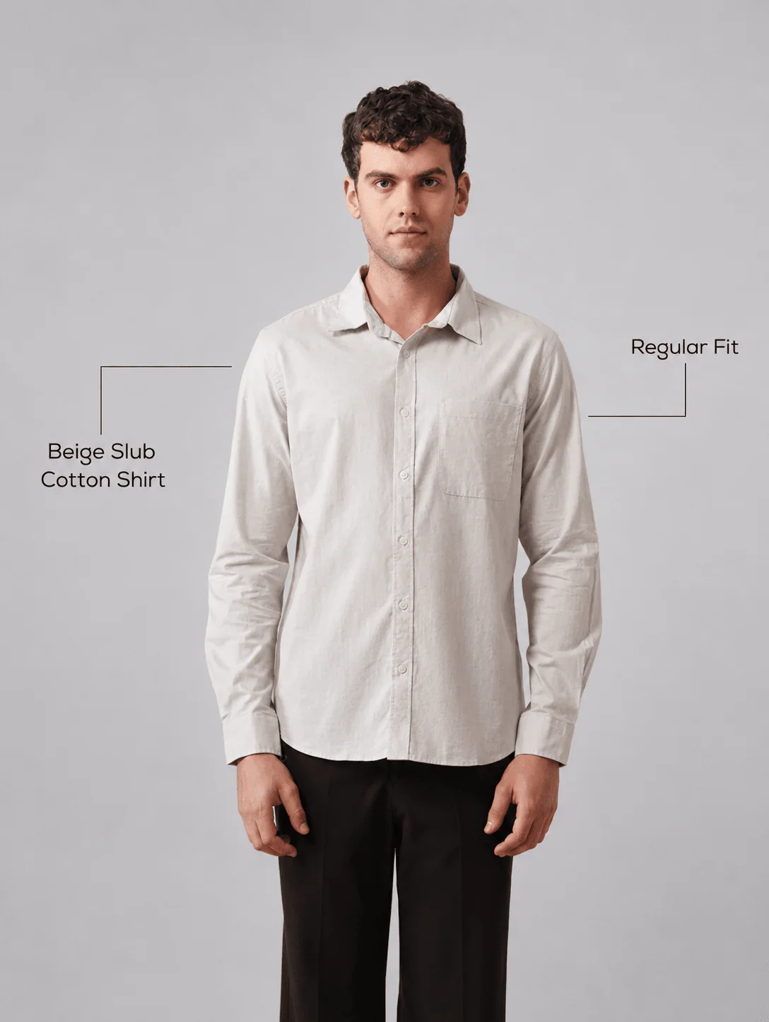 Beige Slub Cotton Shirt β Regular Fit, Full Sleeves - Image 4