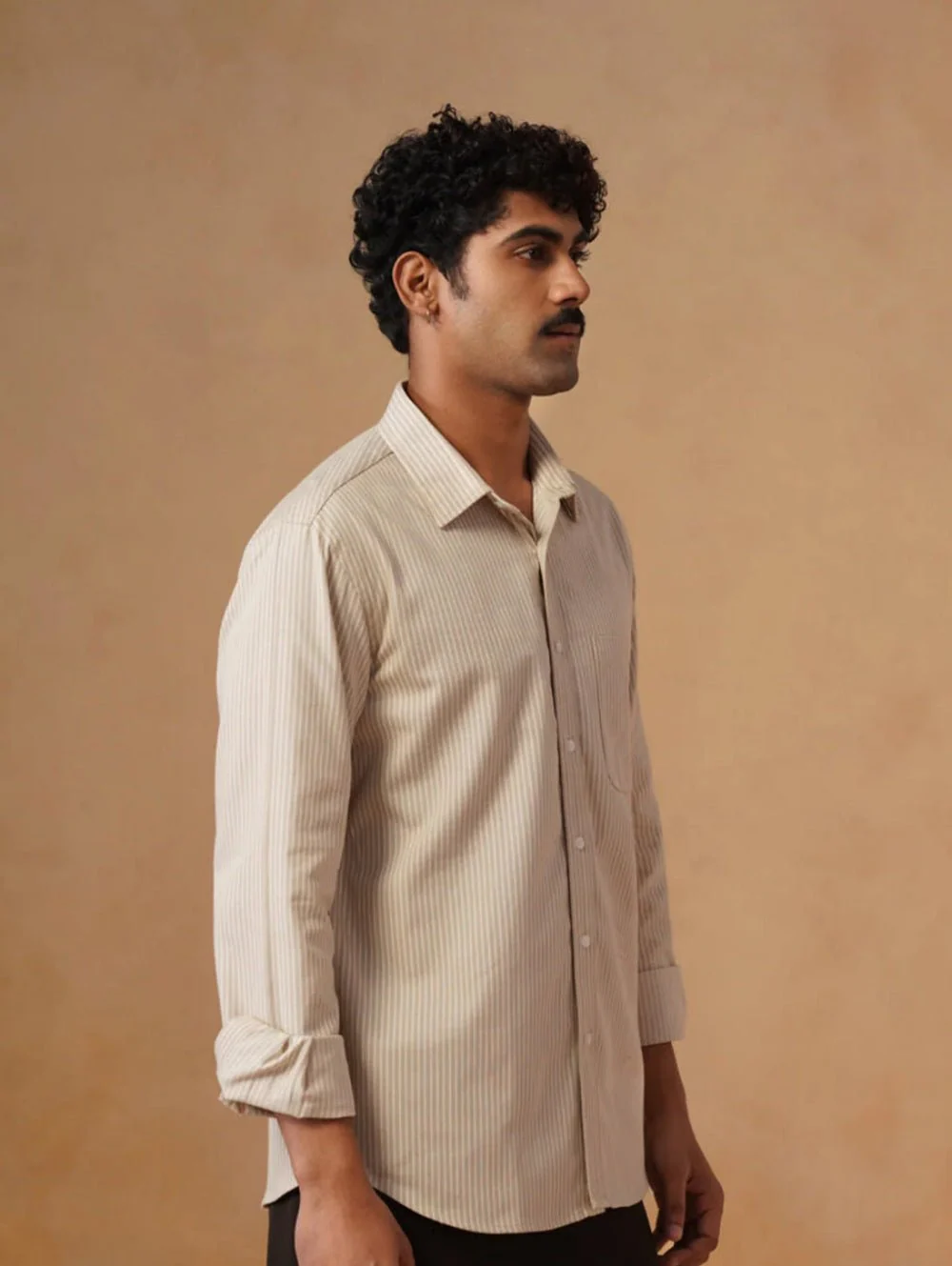 Beige Striped Cotton Shirt β Regular Fit, Full Sleeves - Image 3