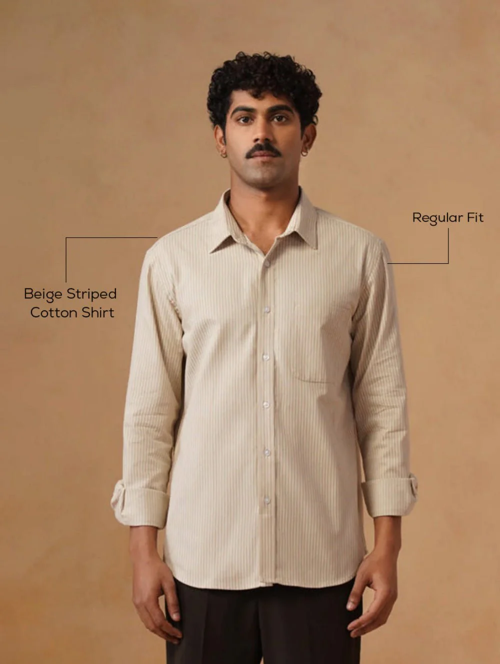 Beige Striped Cotton Shirt β Regular Fit, Full Sleeves - Image 4