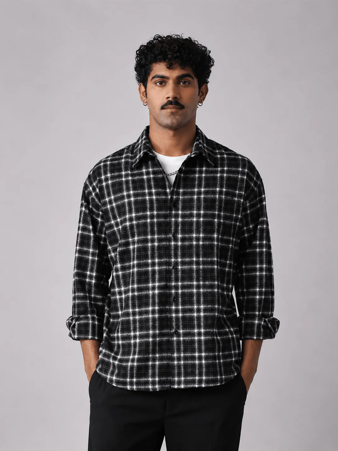Black Checkered Brushed Cotton Shirt – Loose Fit, Full Sleeves