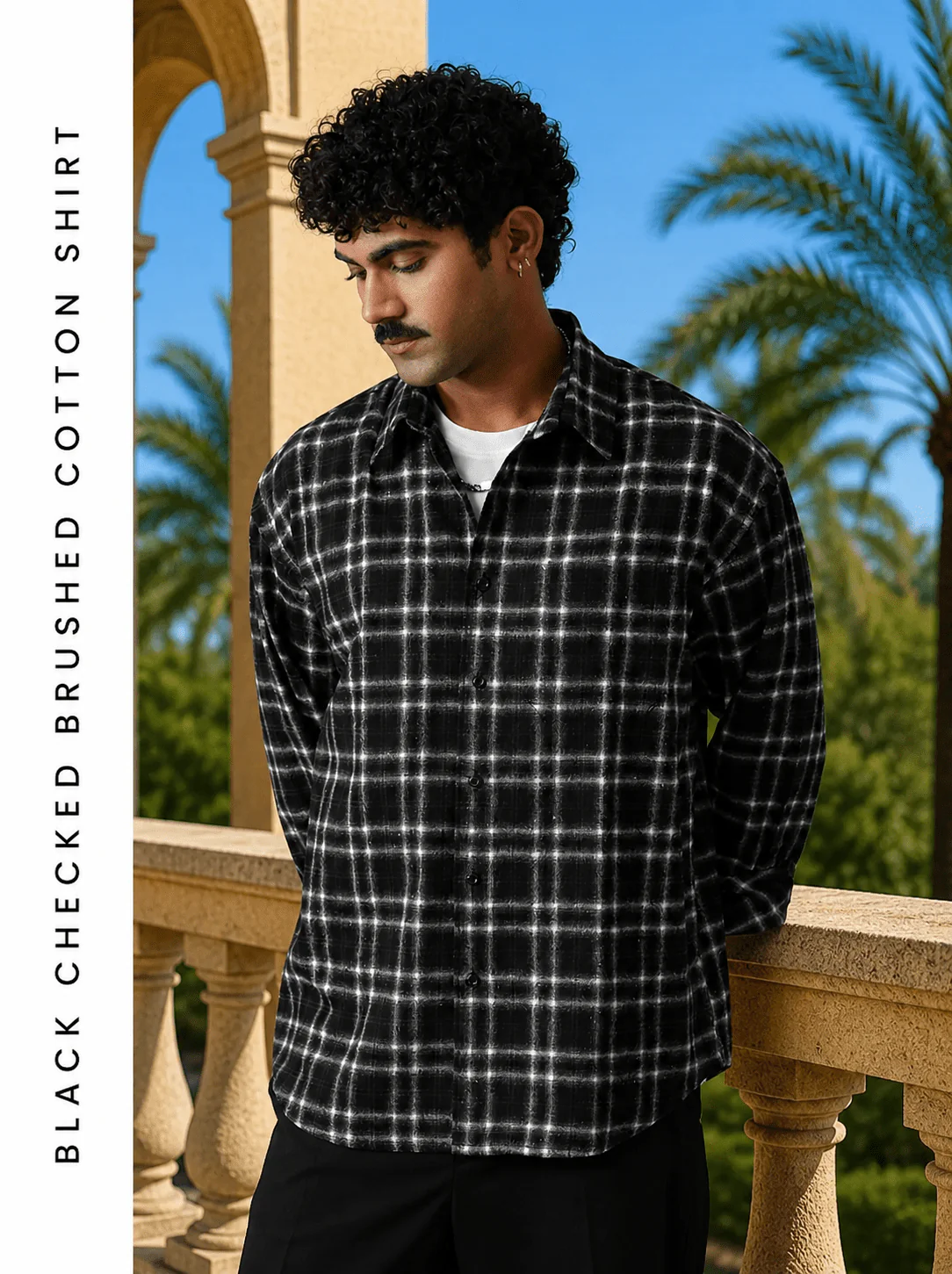 Black Checkered Brushed Cotton Shirt – Loose Fit, Full Sleeves - Image 3