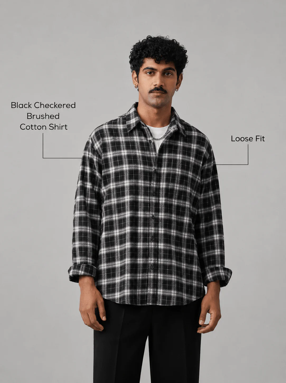 Black Checkered Brushed Cotton Shirt – Loose Fit, Full Sleeves - Image 4