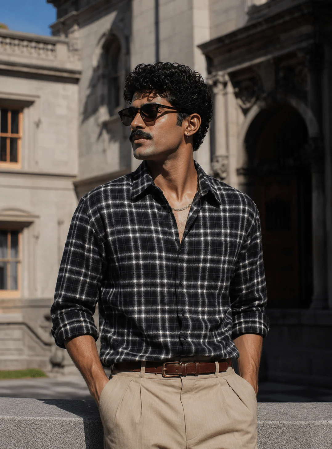 Black Checkered Brushed Cotton Shirt – Loose Fit, Full Sleeves - Image 6