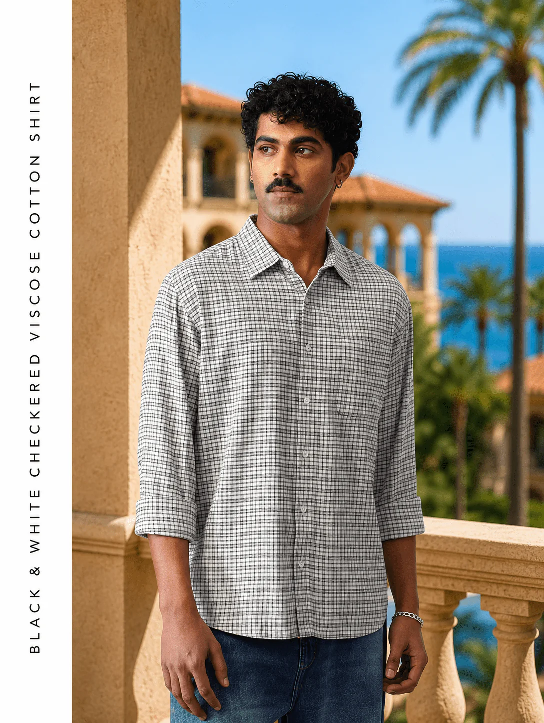 Black & White Checkered Viscose Cotton Shirt – Regular Fit, Full Sleeves - Image 3