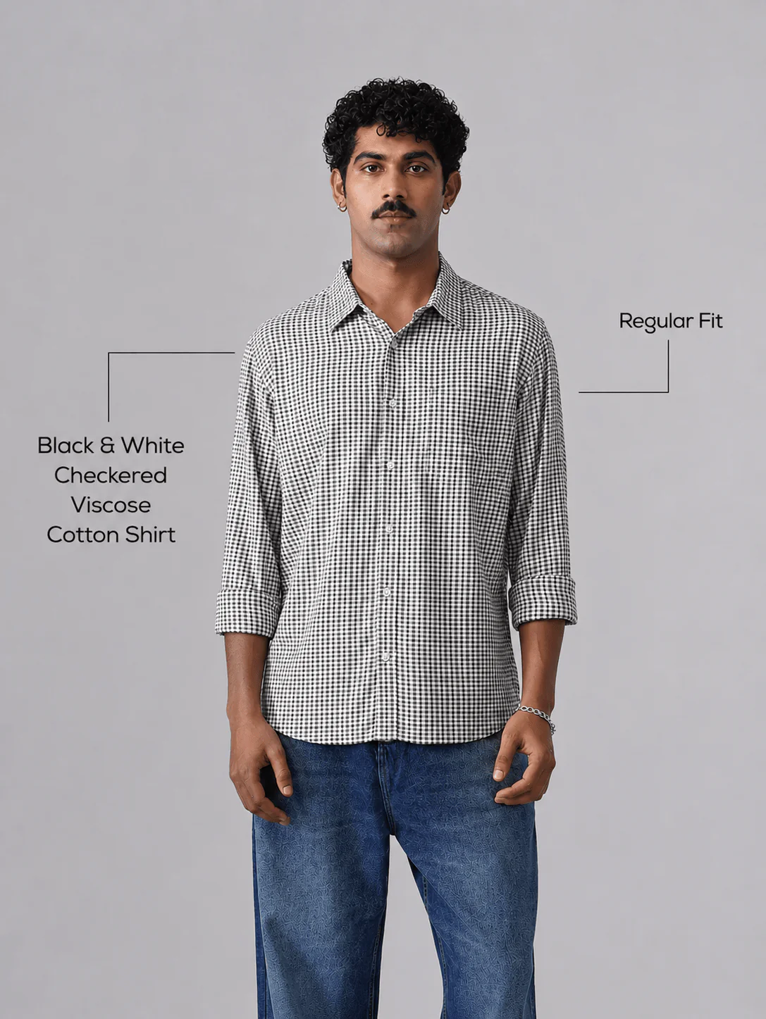Black & White Checkered Viscose Cotton Shirt – Regular Fit, Full Sleeves - Image 4