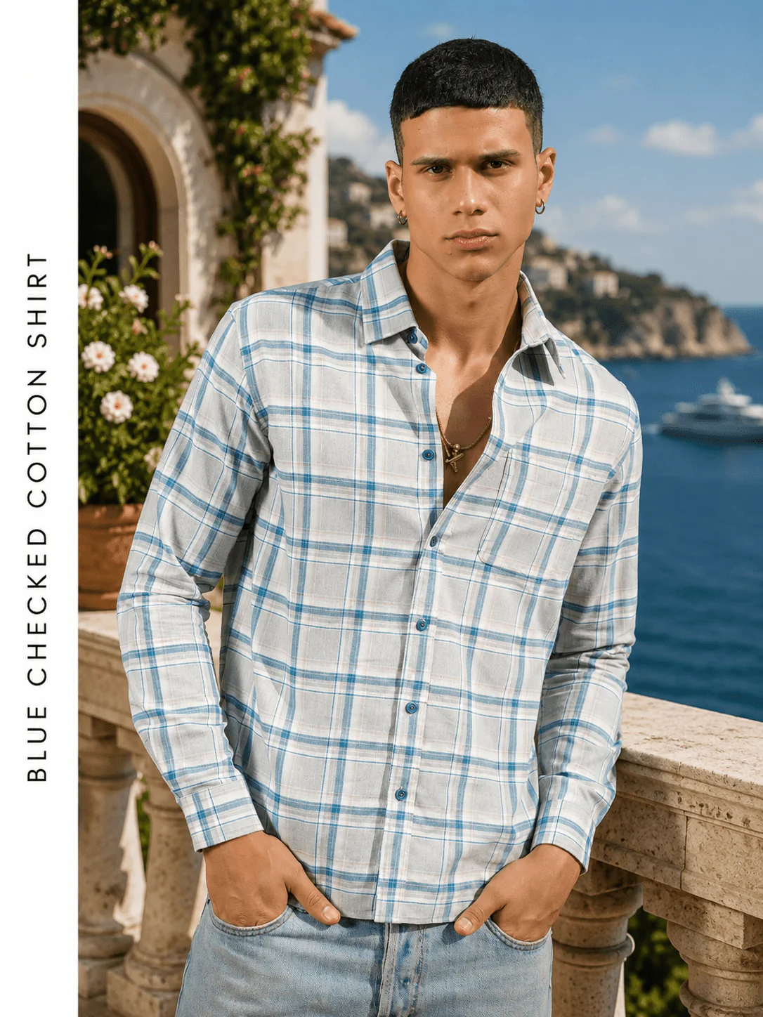Blue Checked Cotton Shirt – Regular Fit - Image 3