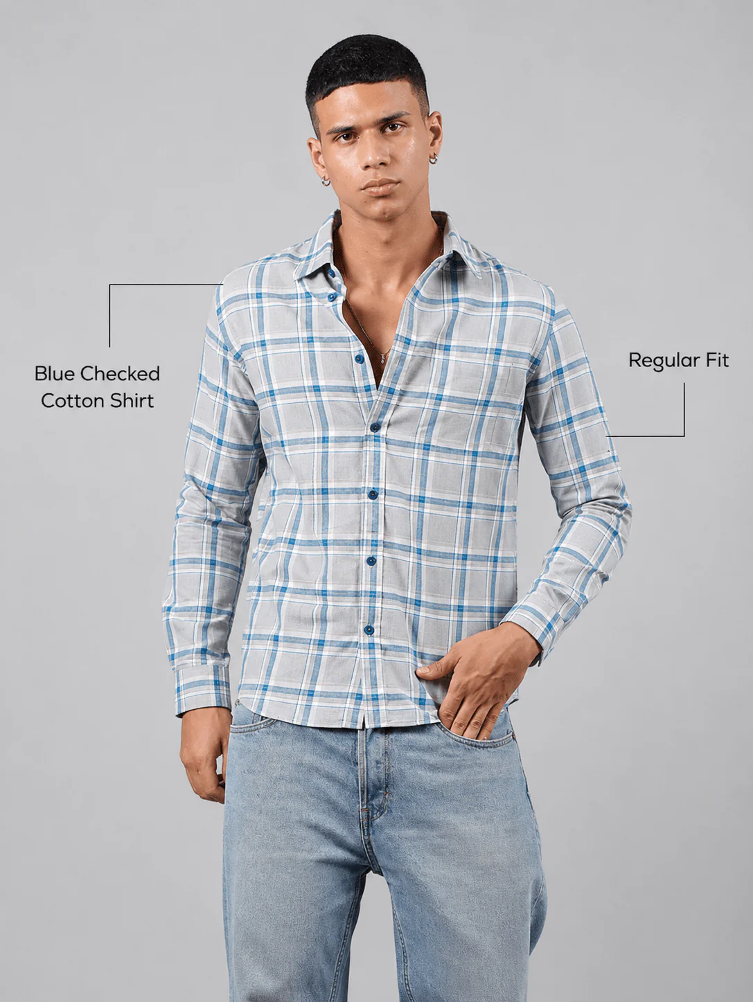 Blue Checked Cotton Shirt – Regular Fit - Image 4