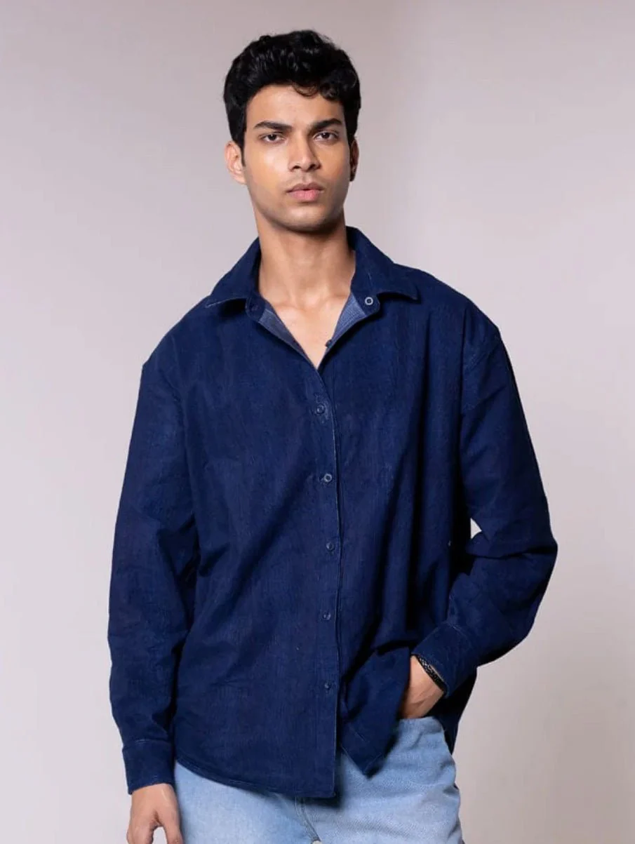Blue Checked Oversized Reversible Corduroy Shirt - Image 3