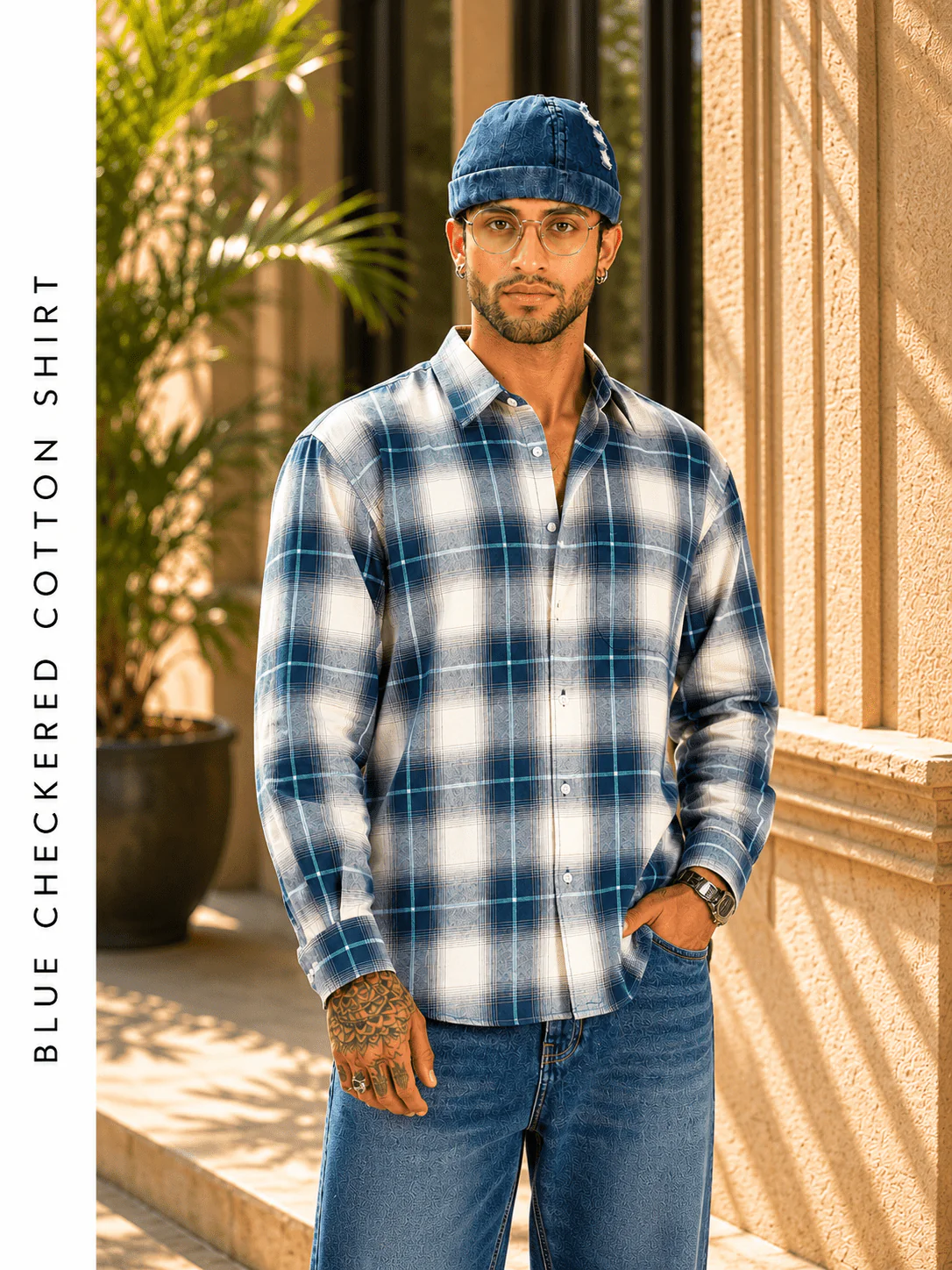 Blue Checkered Cotton Shirt – Full Sleeve, Loose Fit - Image 3