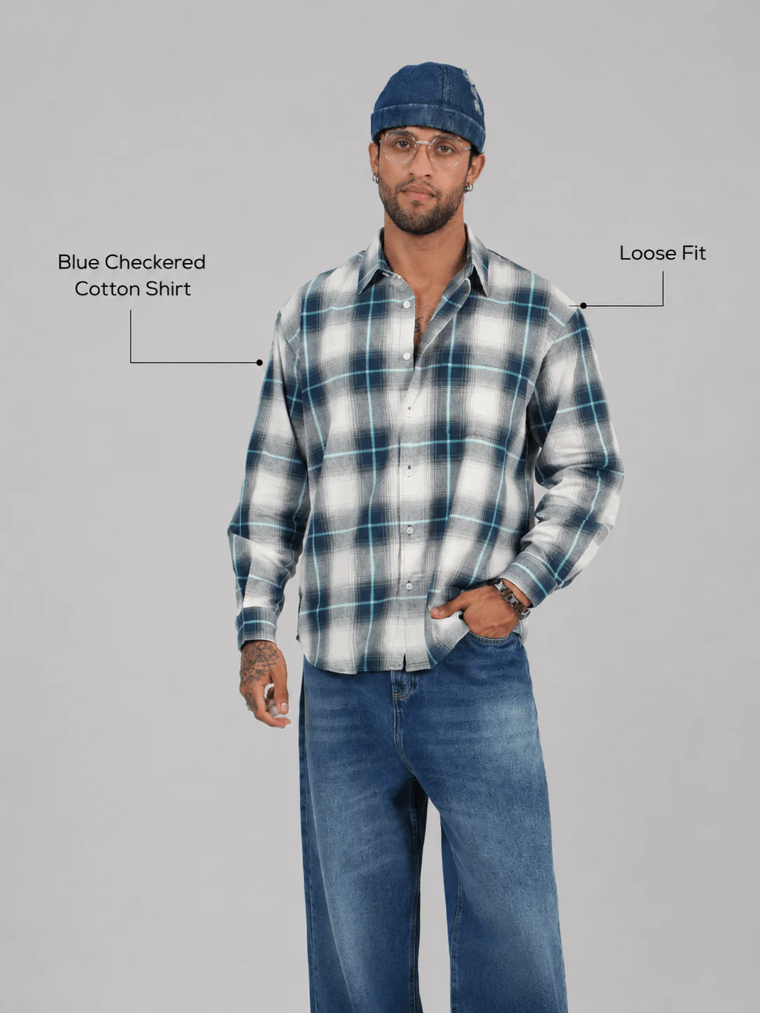 Blue Checkered Cotton Shirt – Full Sleeve, Loose Fit - Image 4