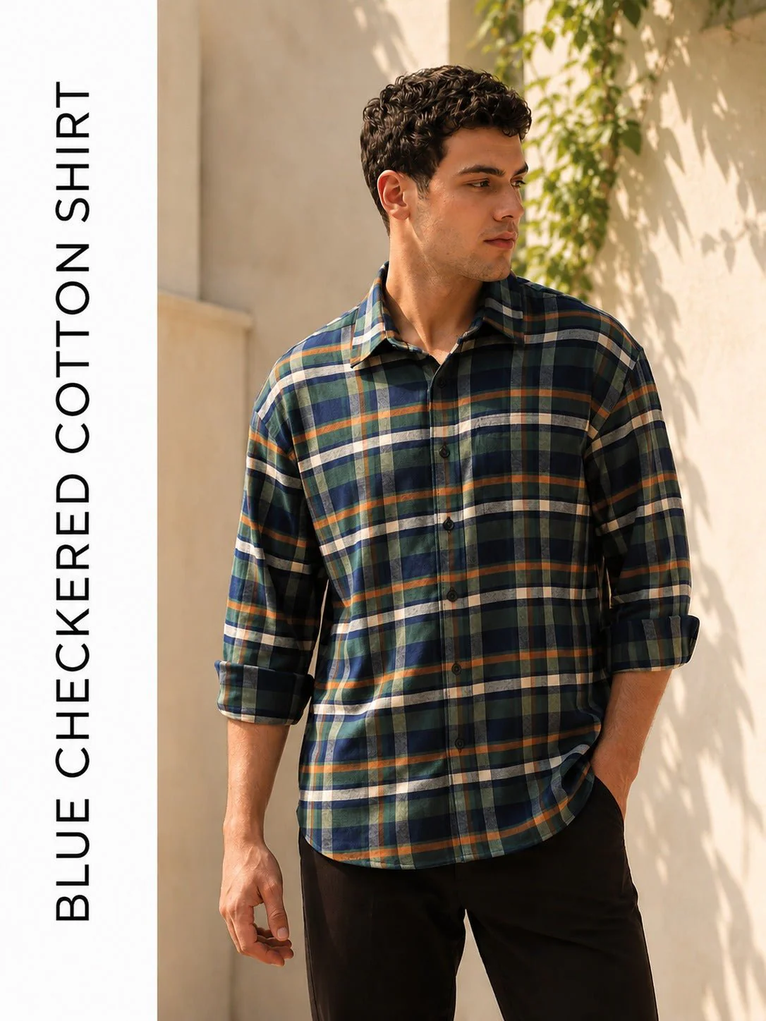 Blue Checkered Cotton Shirt β Loose Fit, Full Sleeves - Image 3