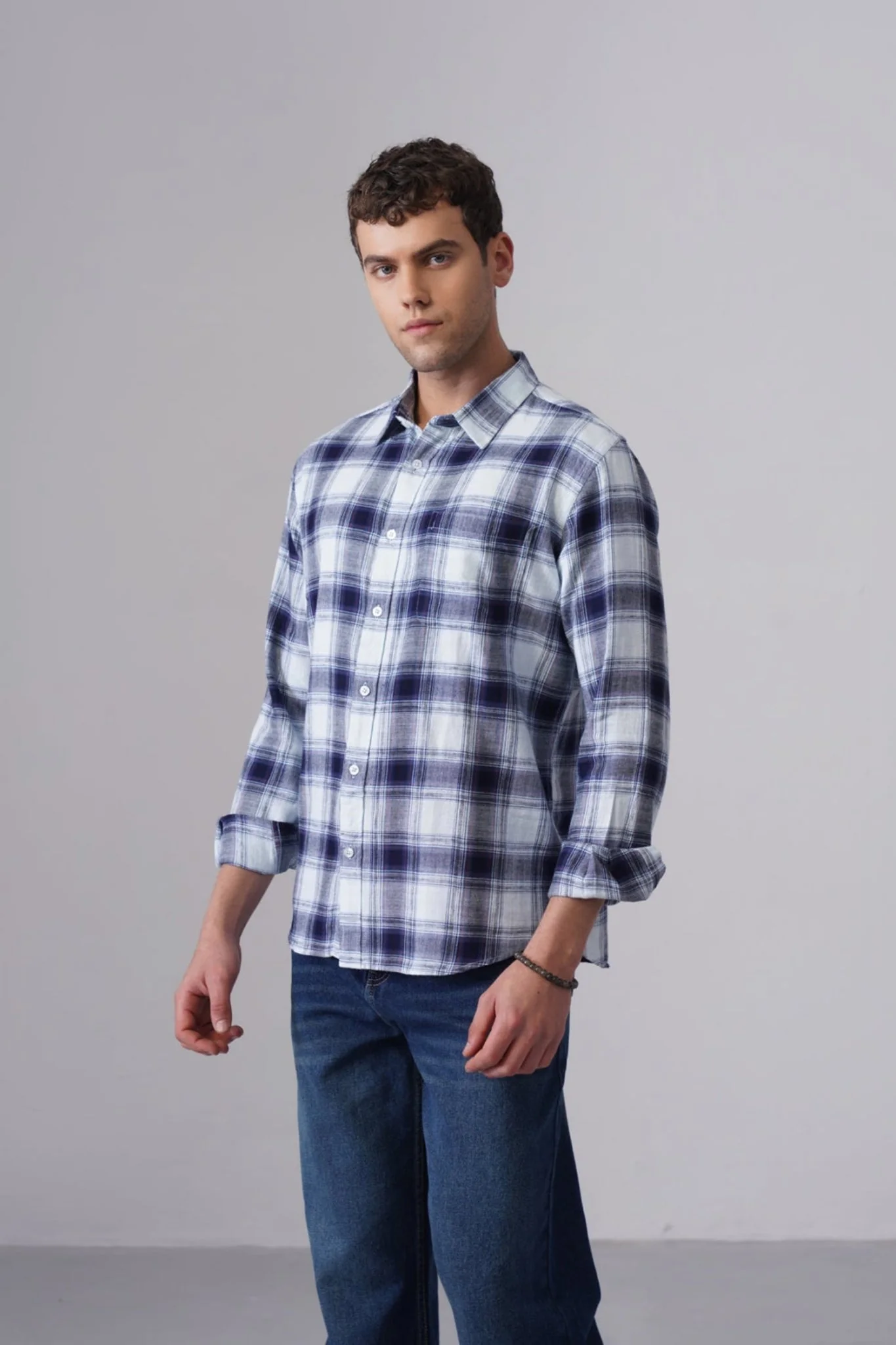 Blue Checkered Cotton Shirt – Regular Fit, Full Sleeves - Image 3