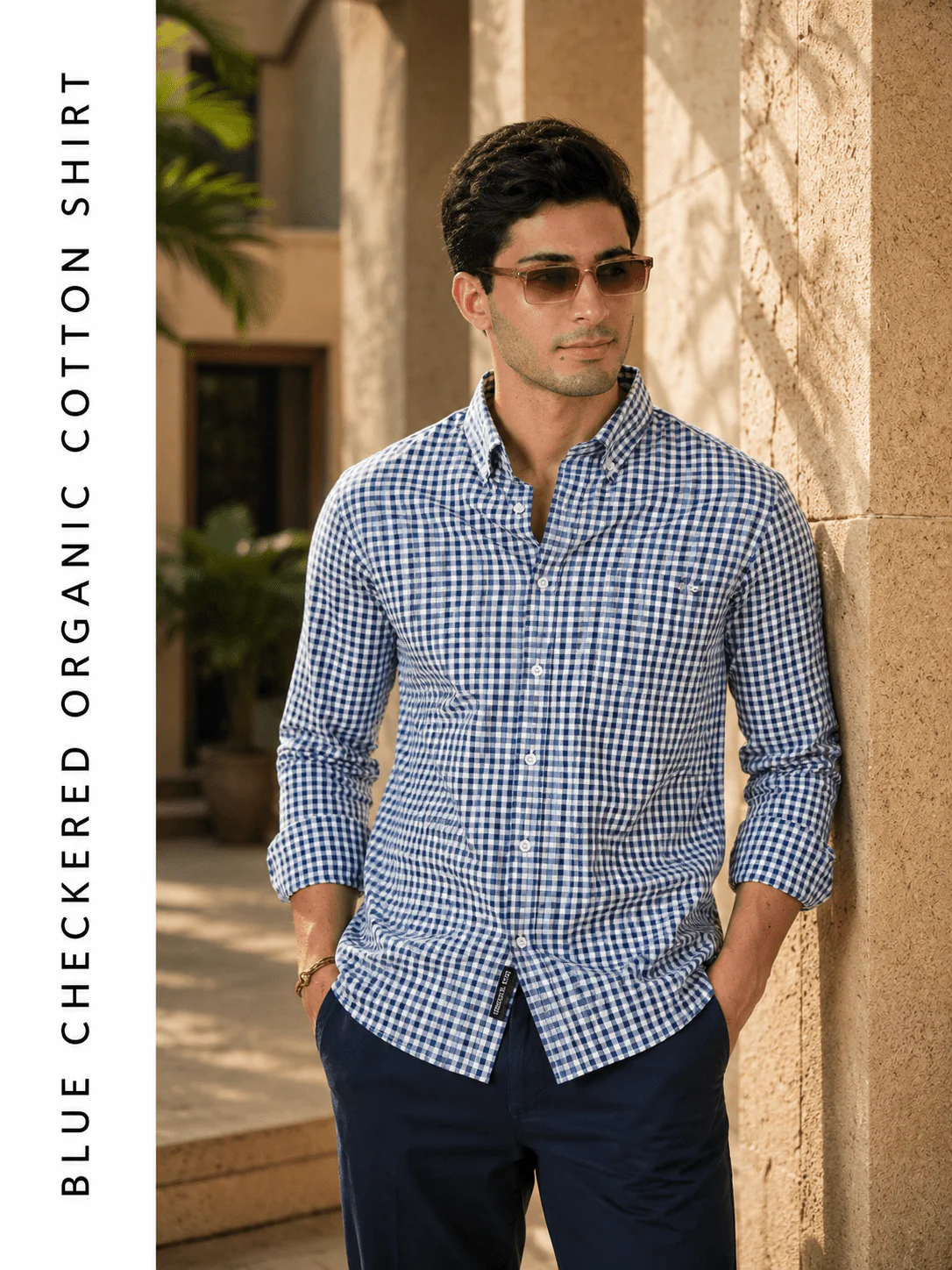Blue Checkered Organic Cotton Shirt – Button-Down Collar | Regular Fit - Image 3