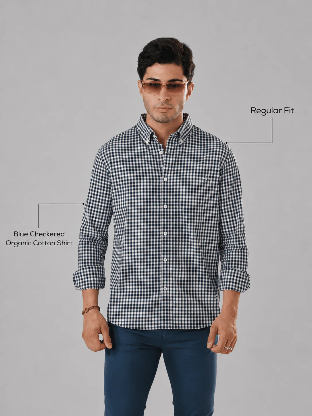 Blue Checkered Organic Cotton Shirt – Button-Down Collar | Regular Fit - Image 4