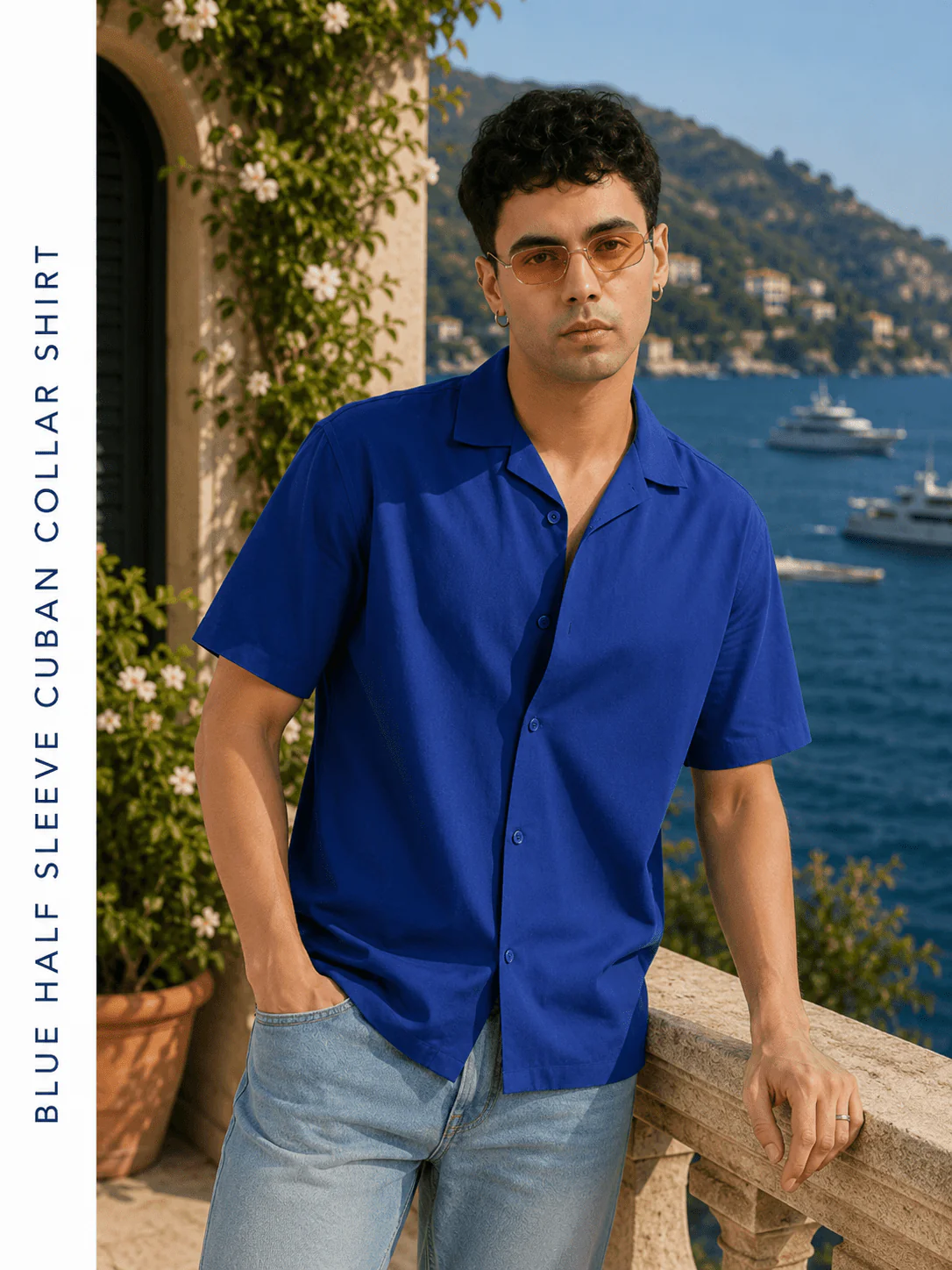 Blue Half Sleeve Cuban Collar Shirt – Loose Fit - Image 3