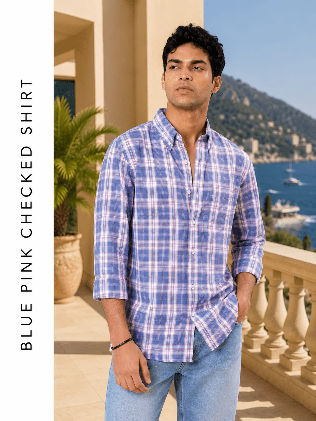 Regular Fit Blue Pink Checked Shirt - Image 2