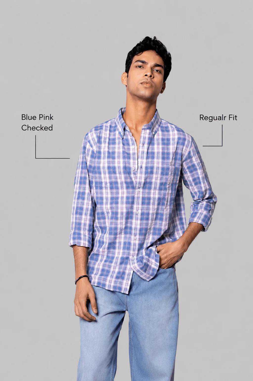 Regular Fit Blue Pink Checked Shirt - Image 3