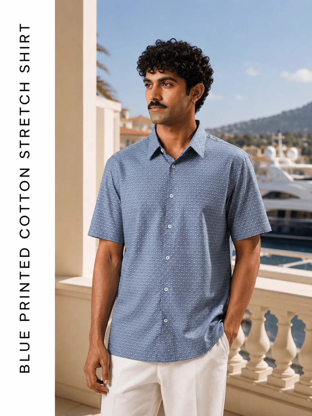 Blue Printed Cotton Stretch Shirt β Regular Fit, Half Sleeves - Image 3