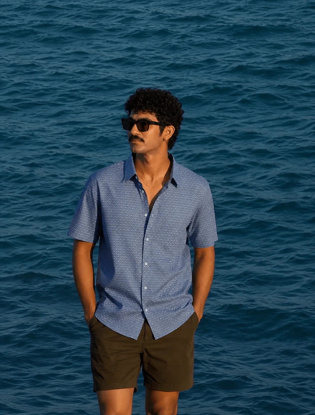Blue Printed Cotton Stretch Shirt β Regular Fit, Half Sleeves - Image 6