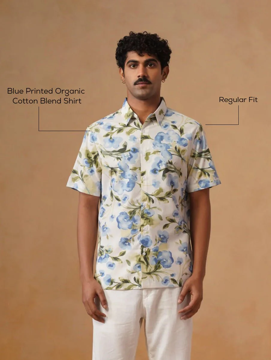 Blue Printed Organic Cotton Blend Shirt β Regular Fit, Half Sleeves - Image 4