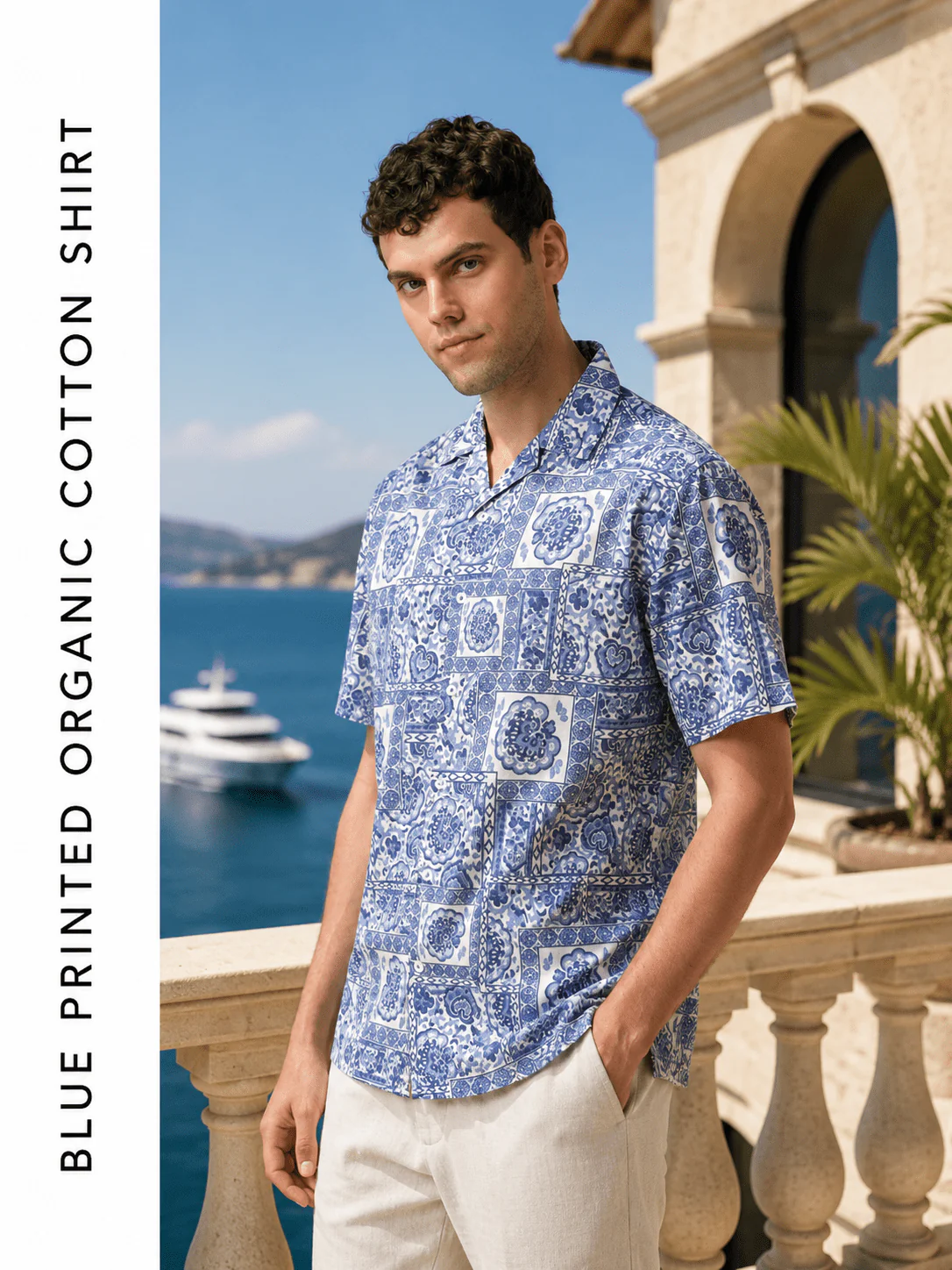 Blue Printed Organic Cotton Shirt – Regular Fit, Half Sleeves - Image 3