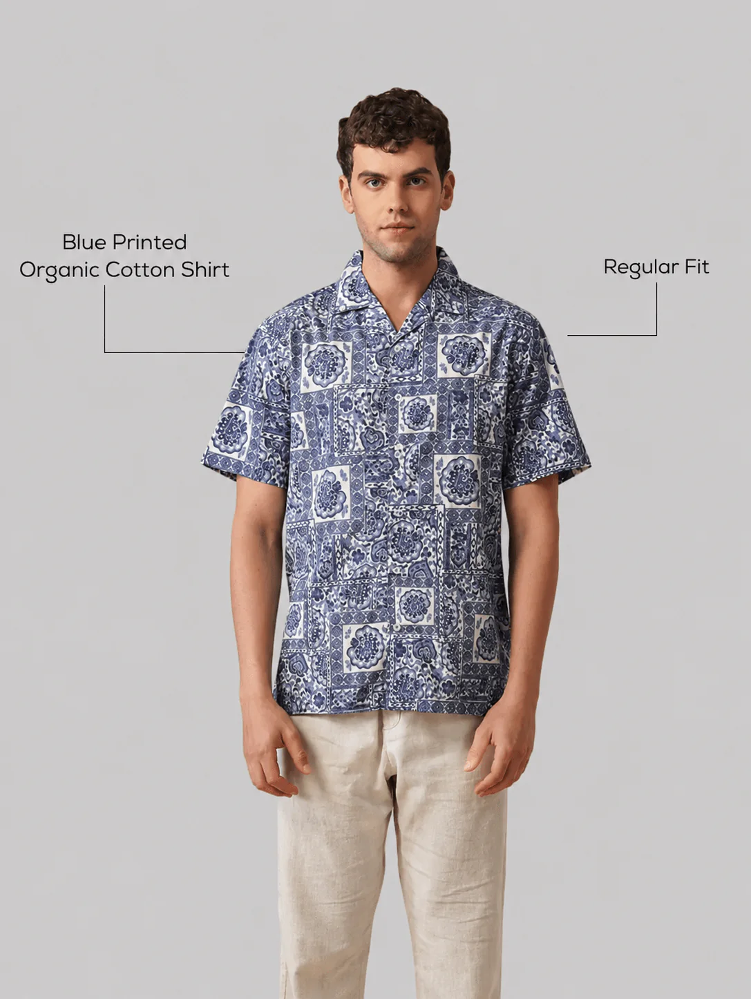 Blue Printed Organic Cotton Shirt – Regular Fit, Half Sleeves - Image 4