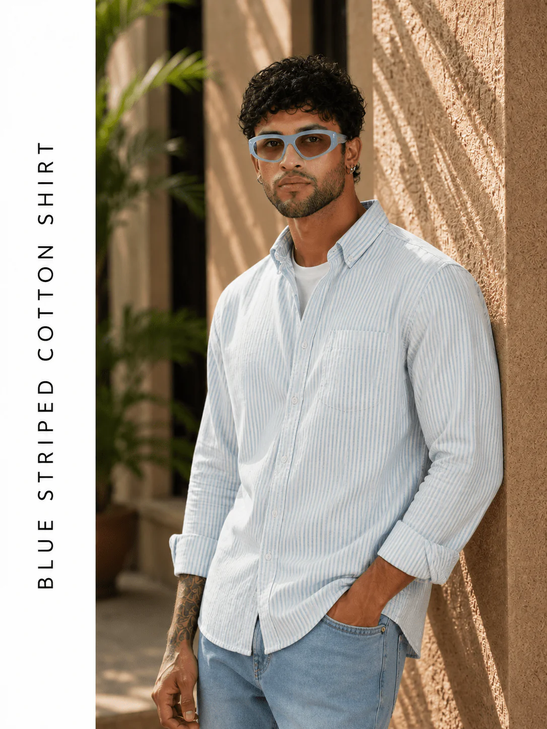 Blue Striped Cotton Shirt – Full Sleeve, Regular Fit, Classic Collar - Image 3
