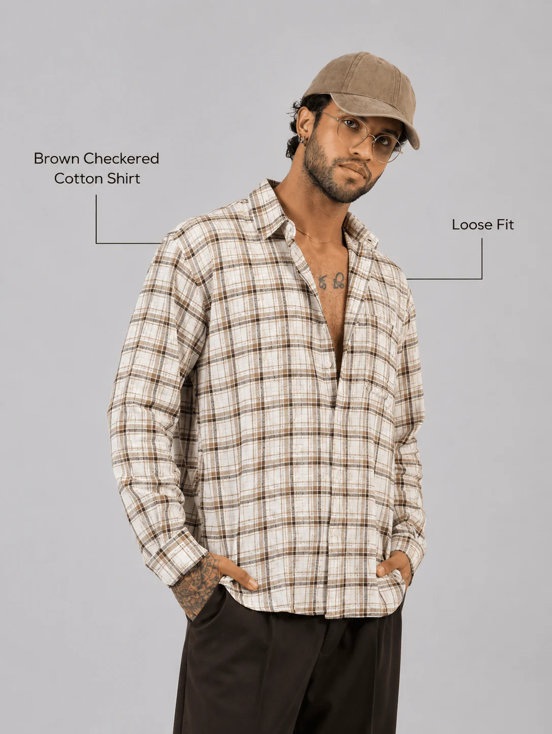 Brown Checkered Cotton Shirt – Full Sleeve, Loose Fit - Image 4