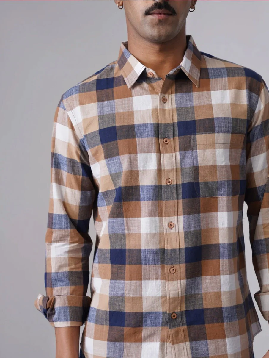 Brown Checkered Cotton Shirt – Regular Fit, Full Sleeves - Image 3