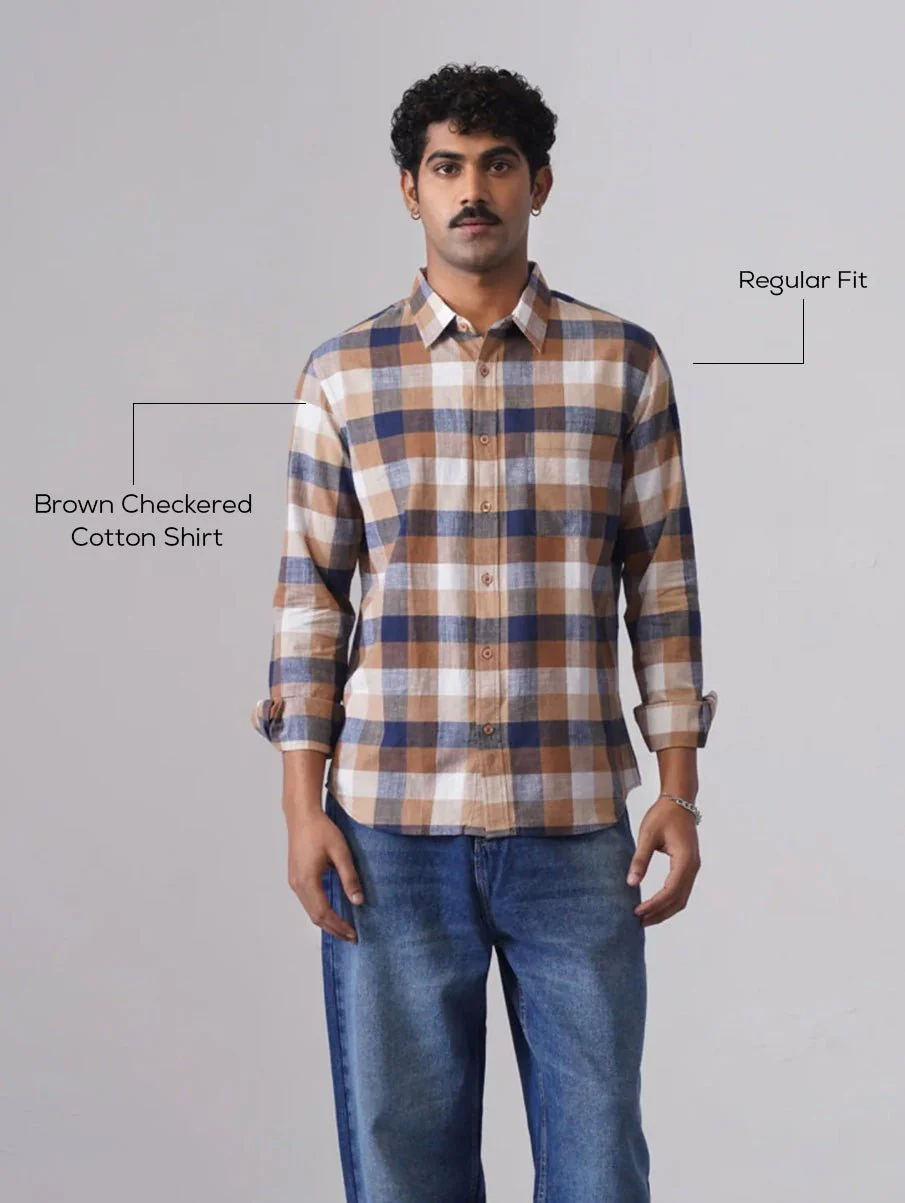 Brown Checkered Cotton Shirt – Regular Fit, Full Sleeves - Image 5