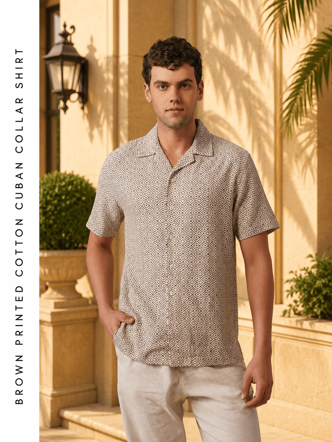 Brown Printed Cotton Cuban Collar Shirt – Regular Fit, Half Sleeves - Image 3