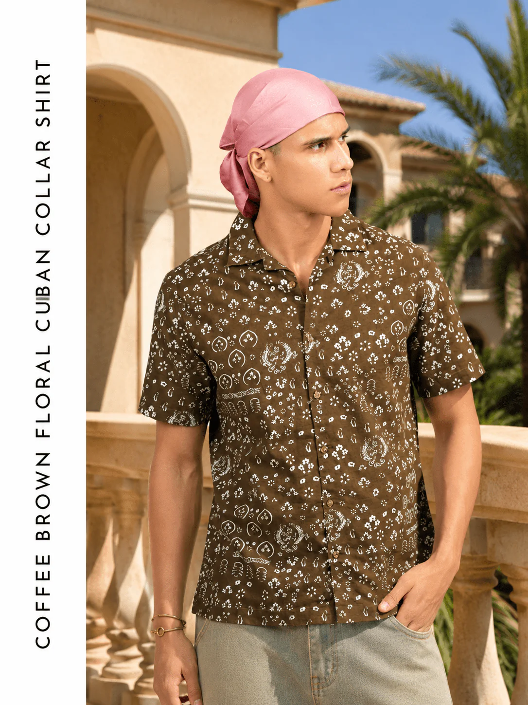 Coffee Brown Floral Cuban Collar Shirt – Regular Fit - Image 3