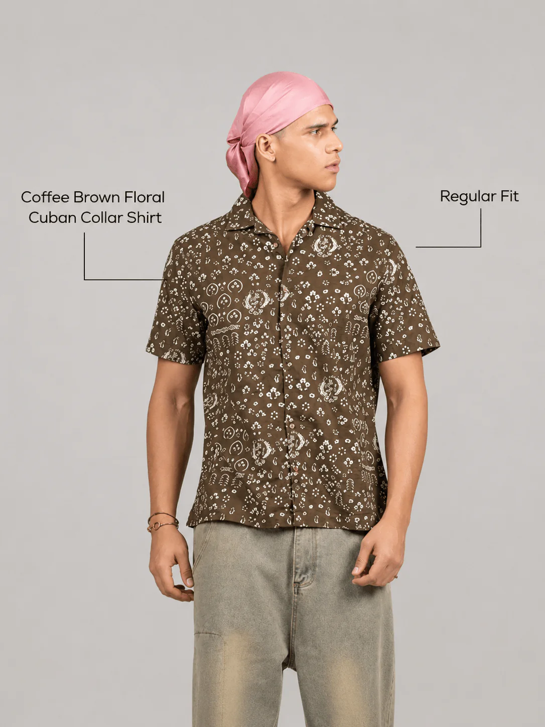Coffee Brown Floral Cuban Collar Shirt – Regular Fit - Image 4