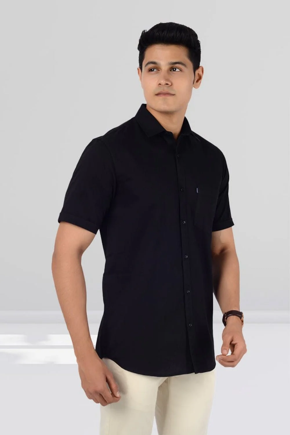 Cotton Slim Fit Half Sleeves Shirt-Black - Image 4