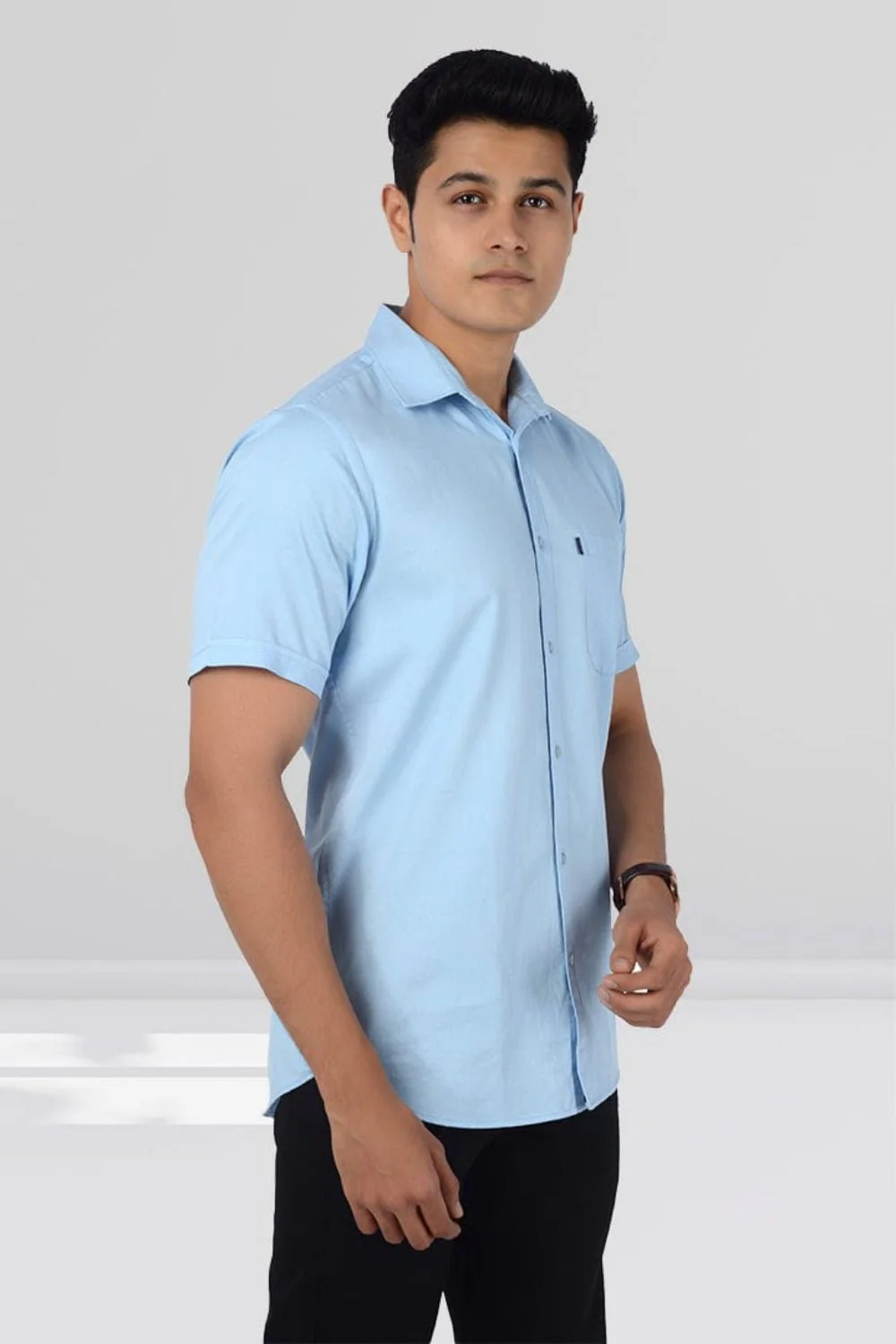Cotton Slim Fit Half Sleeves Shirt- Light Blue - Image 3