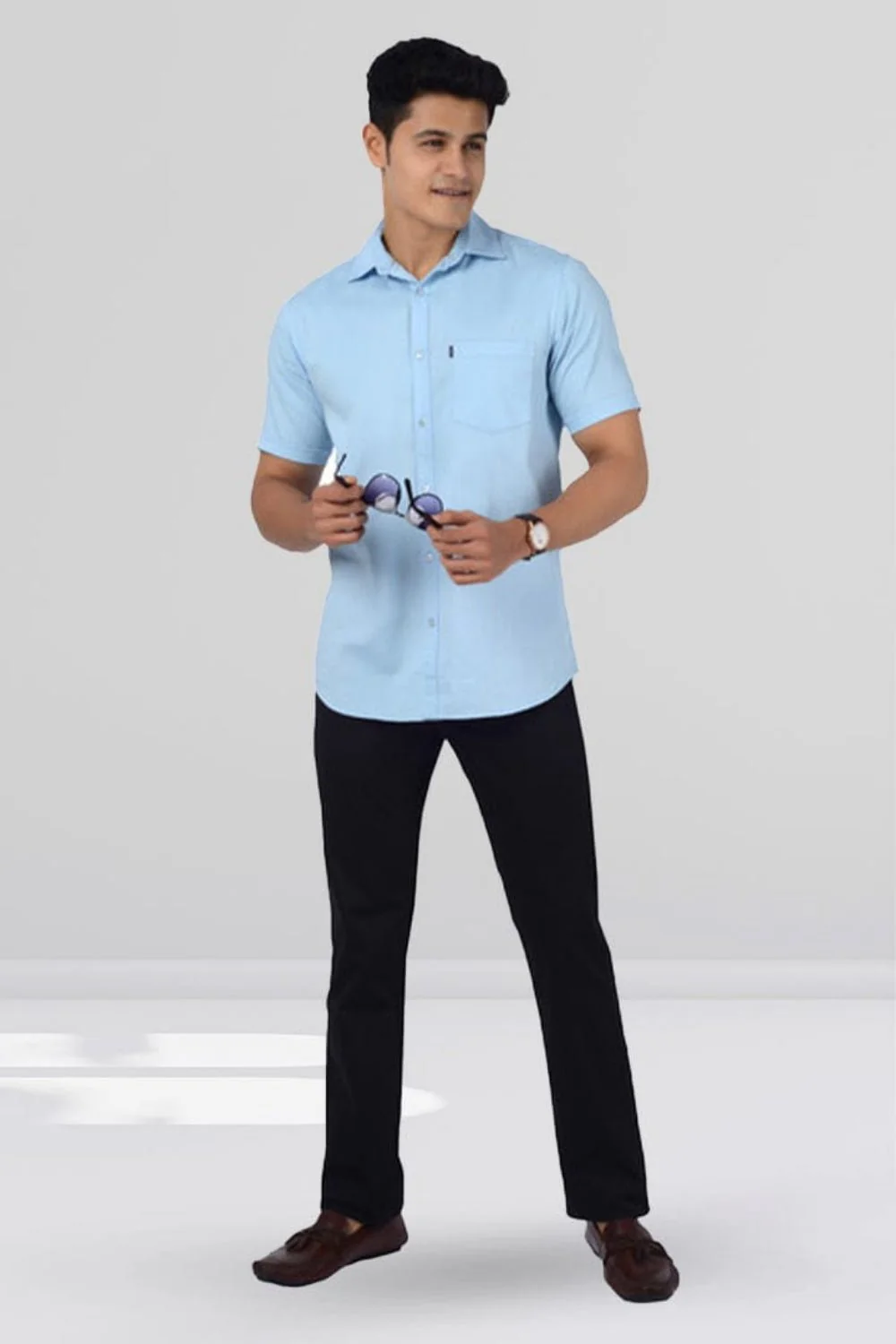 Cotton Slim Fit Half Sleeves Shirt- Light Blue - Image 5