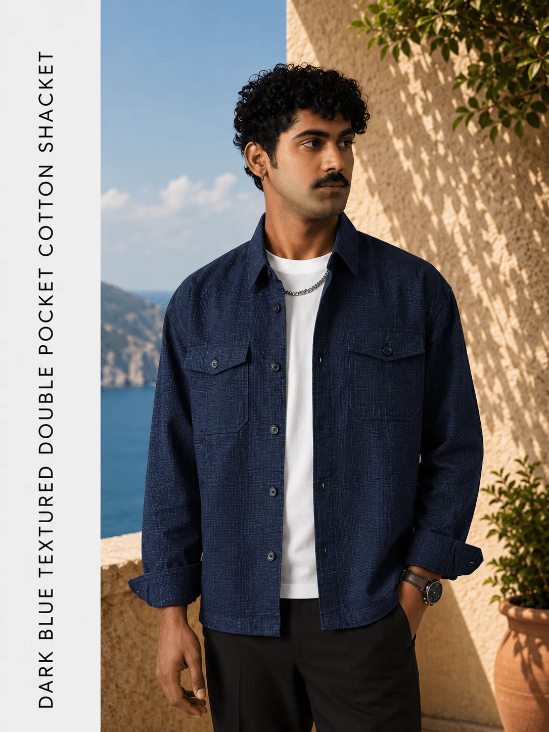 Dark Blue Textured Double Pocket Cotton Shacket - Image 3