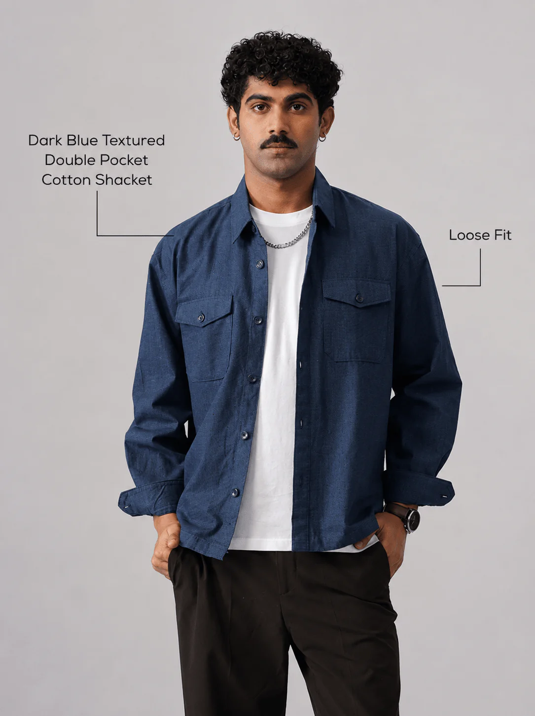 Dark Blue Textured Double Pocket Cotton Shacket - Image 4